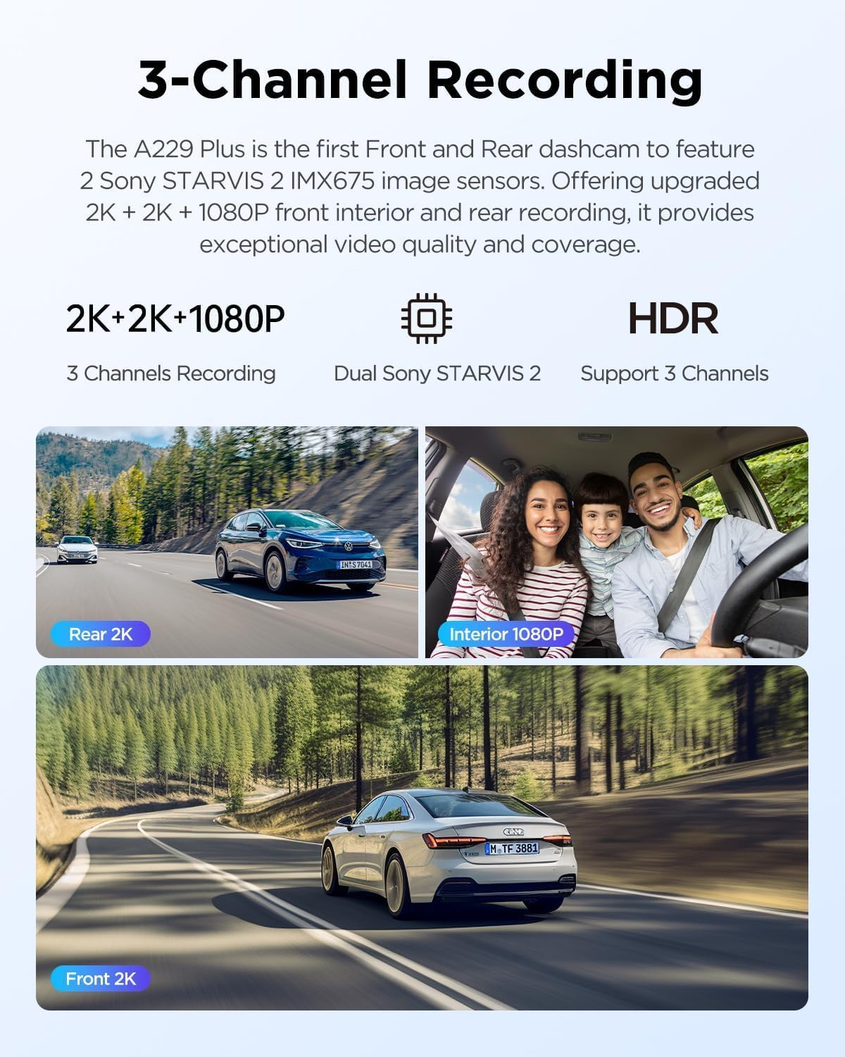 VIOFO A229 plus 3 Channel Dash Cam, Dual STARVIS 2 Sensors, 3-Channel HDR, 1440P+1440P+1080P Front inside and Rear Car Camera, 5Ghz Wi-Fi, Voice Control, Ultra-Precise GPS, 24 Hours Parking Mode image number 4