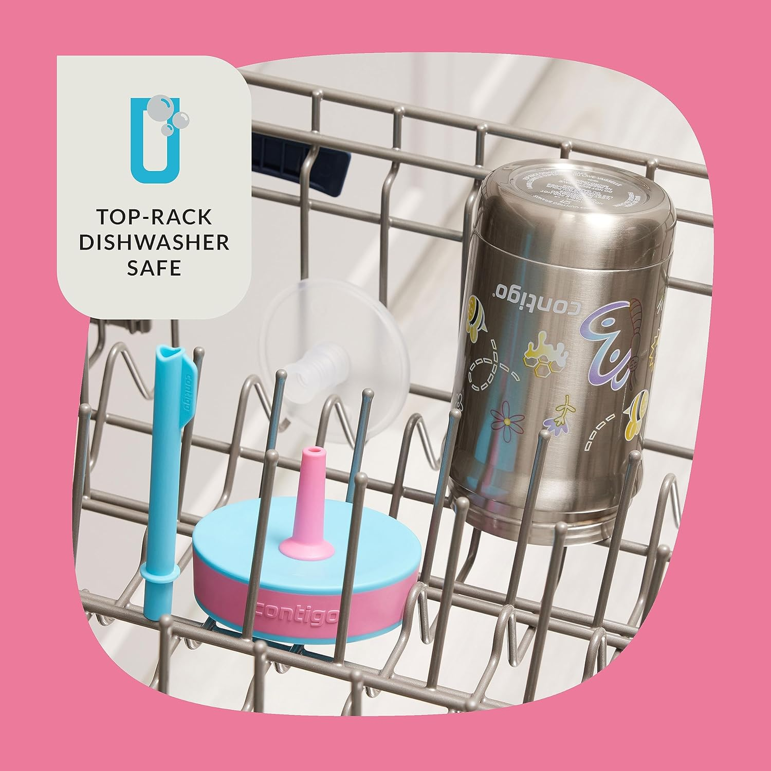 Contigo Leighton Vaccum-Insulated Kids Water Bottle with Spill-Proof Lid and Straw, 12Oz Stainless Steel Water Bottle with Straw for Kids, Keeps Drinks Cold up to 13 Hours, Raspberry/Azalea - Raspberry/Azalea (Butterflies  Honeybees Gfx) image number 5