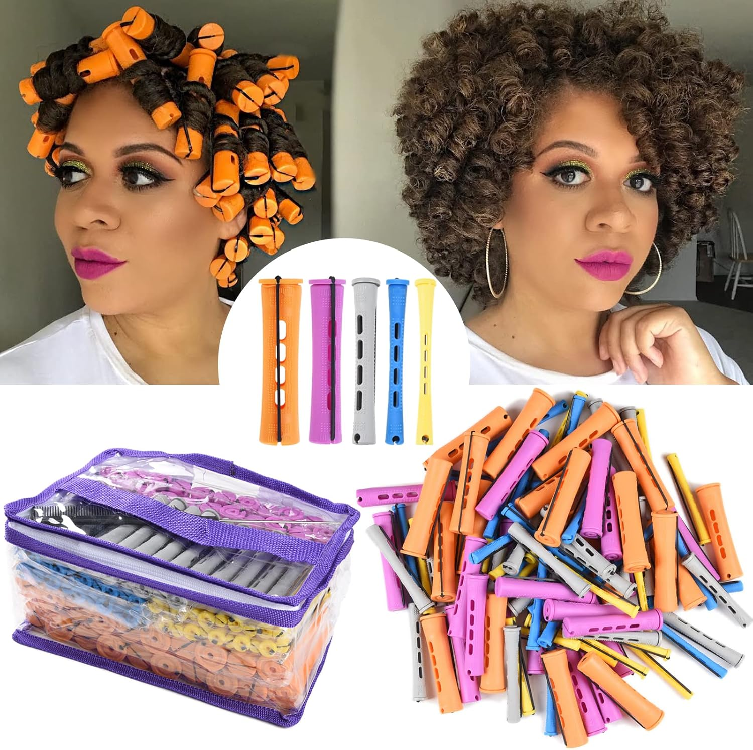 60Pcs Perm Rods Set for Natural Hair Cold Wave Rods Hair Rollers for Women'S Long Medium Short Hair Curler Styling DIY Hairdressing Tools（Orange）