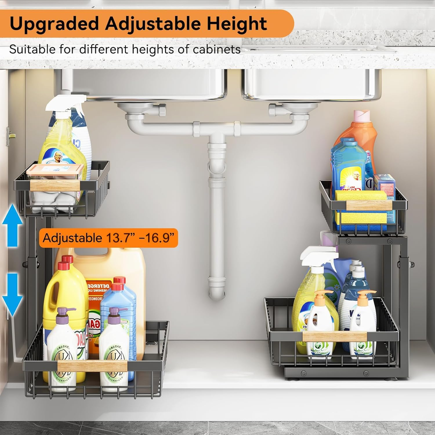 Under Sink Organizer, 2 Tier under Sink Organizers and Storage, Slide Out Pull Out Cabinet Organizer Shelf, Sliding Drawer for Kitchen Bathroom Pantry (Black -2 Pack) image number 5