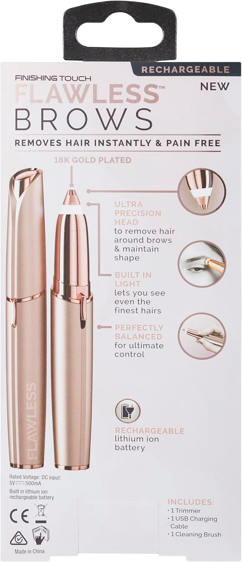 Finishing Touch Flawless Eyebrow Hair Trimmer - Brows (Battery) Generation 2 - Dermatologist Approved - No Redness, Nicks, or Cuts - 18K Gold-Plated Head - Built-In LED Light - Hair Removal - Blush. image number 5