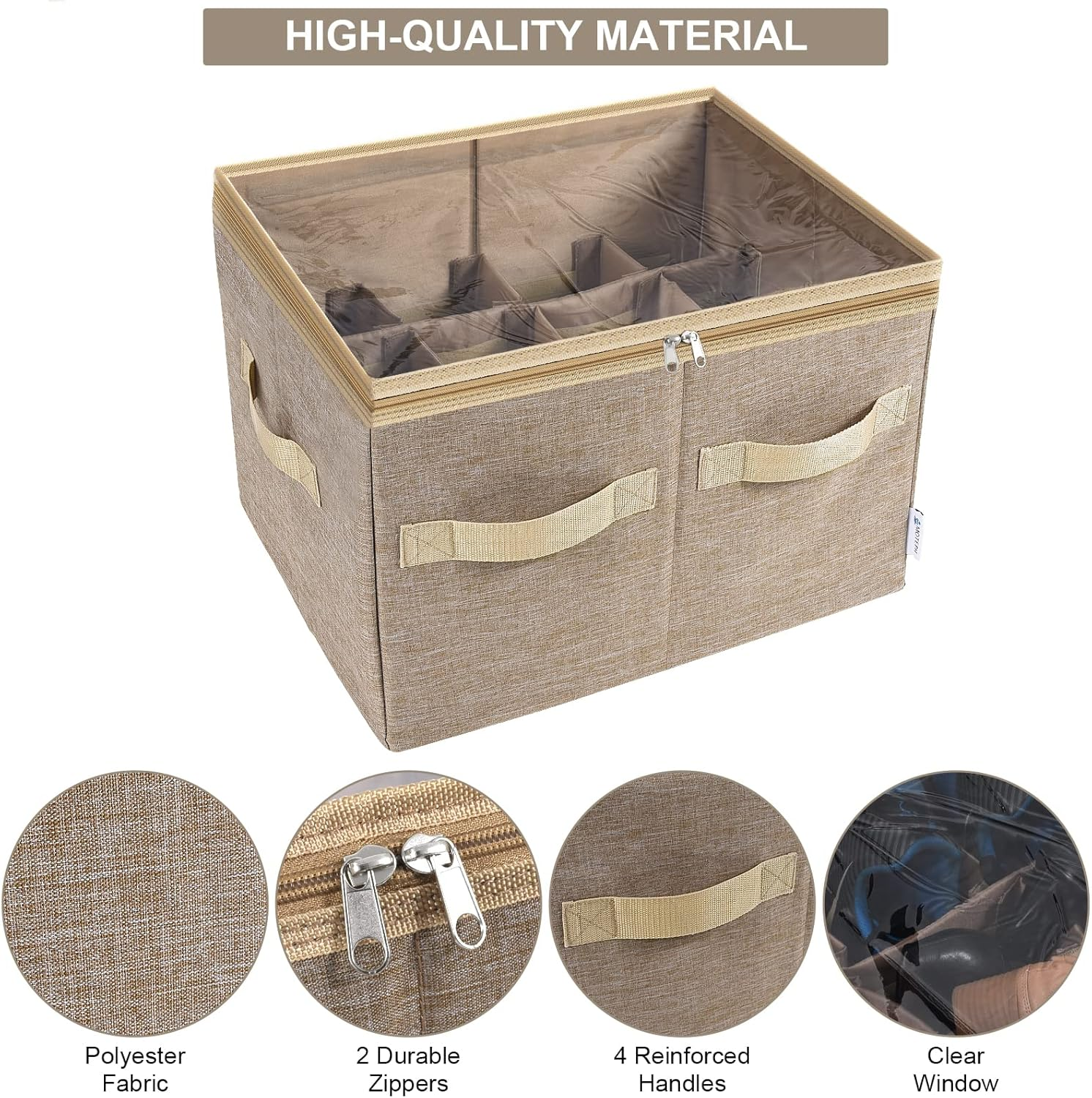 Moteph Shoe Organizer Closet Storage Solution with Clear Cover & Adjustable Dividers for Shoes, Handbags, Blankets, Linen, Clothing (Medium - 16 Pairs, Light Brown) image number 3