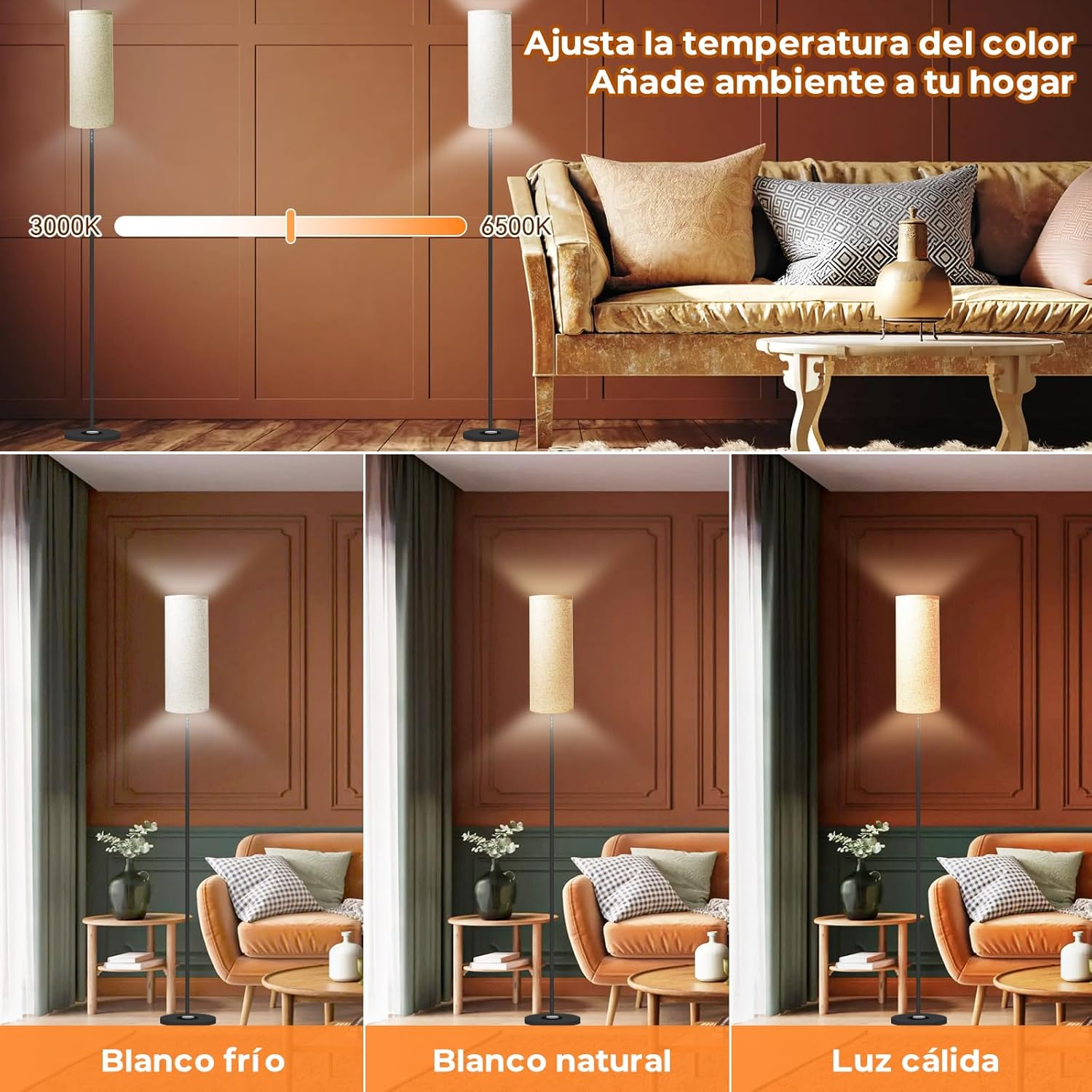 Crospin Dimmable LED Floor Lamp, Floor Lamp for Living Room, 3 Color Temperatures, Remote and Touch Control, Modern Standing Lamp Suitable for Office, Bedroom, Living Room(Long Linen Lampshade) image number 5