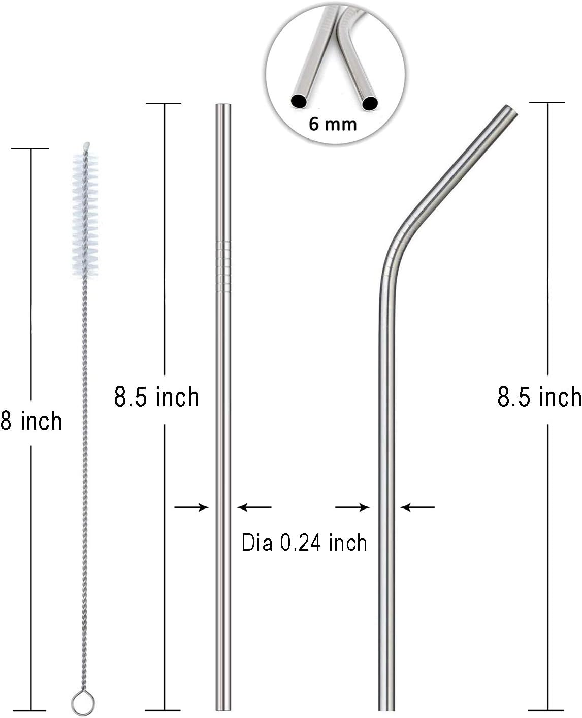 DIRECT from FACTORY Set of 8 Reusable Stainless Steel Straws, 8.5" (6Mm X 215Mm) - 316 Stainless Steel Fda-Approved, Metal Curved Drinking Straw for Tumblers (4 Straight, 4 Bent, 2 Brush) image number 6