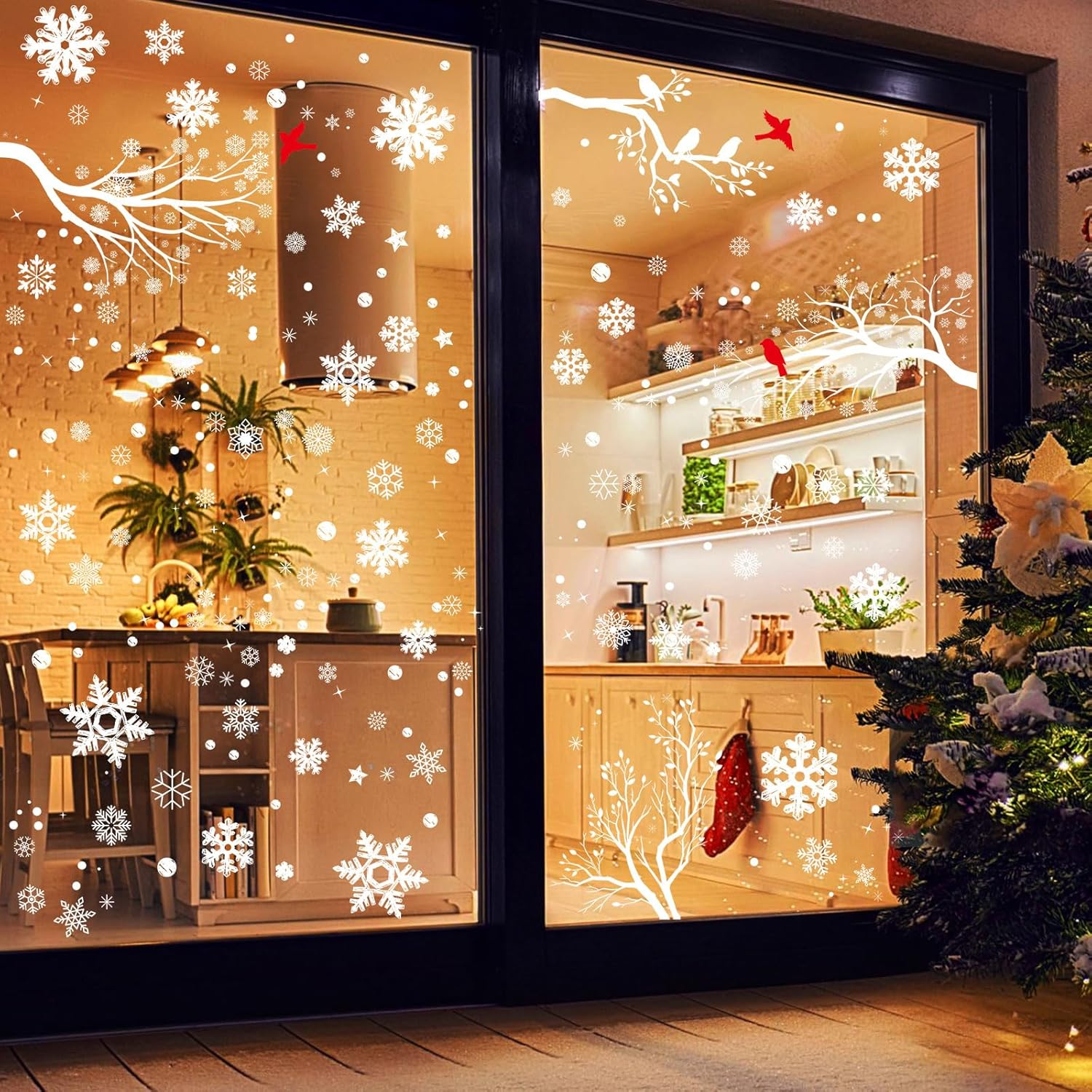 249 PCS Snowflake Window Clings, Geeric Winter Decorations 6 Sheets Christmas Window Cling Stickers Snowflake Branches, Snow, Birds Stickers Removable for Xmas Home Shop Window image number 5