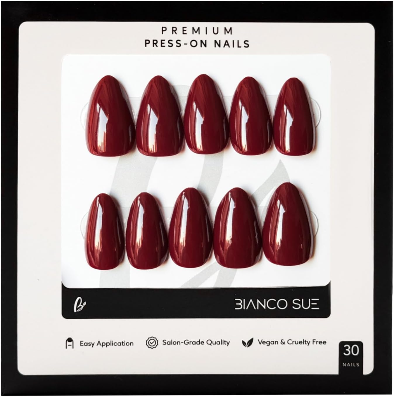 Bianco Sue Press-On Nails - Merlot Noir | Deep Red Almond False Nails, Reusable Stick-On Fake Nails with Adhesive Tabs and Glue | Salon-Grade Quality | 15 Sizes - 30 Nail Kit image number 2
