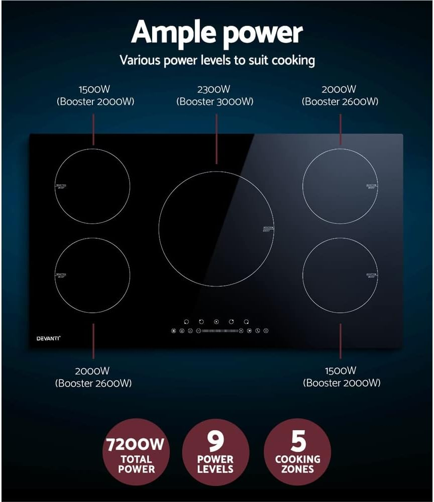 Devanti Induction Cooktop, Ceramic Glass Portable Cookware Cooker Super Powerful Electric Stove Plate Home Kitchen Appliance, with 5 Cooking Zones Touch Control Panel Black image number 2