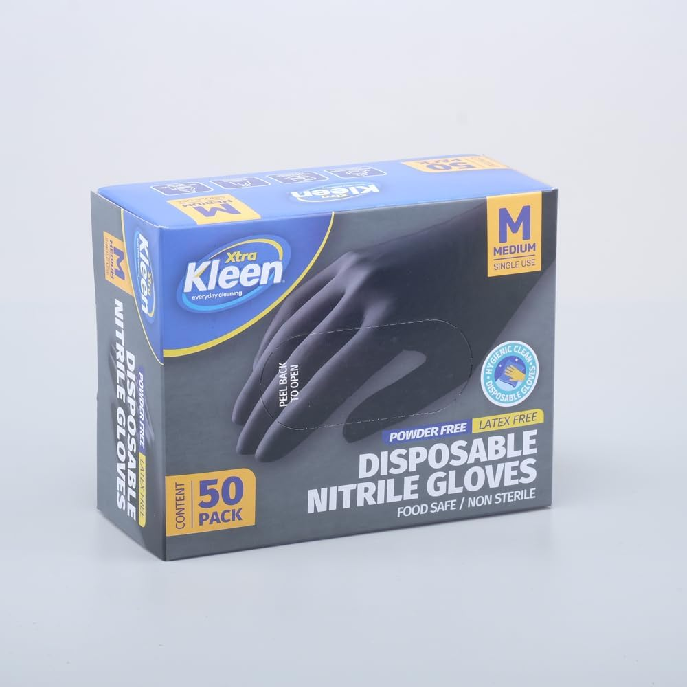 Xtra Kleen Nitrile Powder Free Disposable Gloves, Black, Medium (Pack of 50)