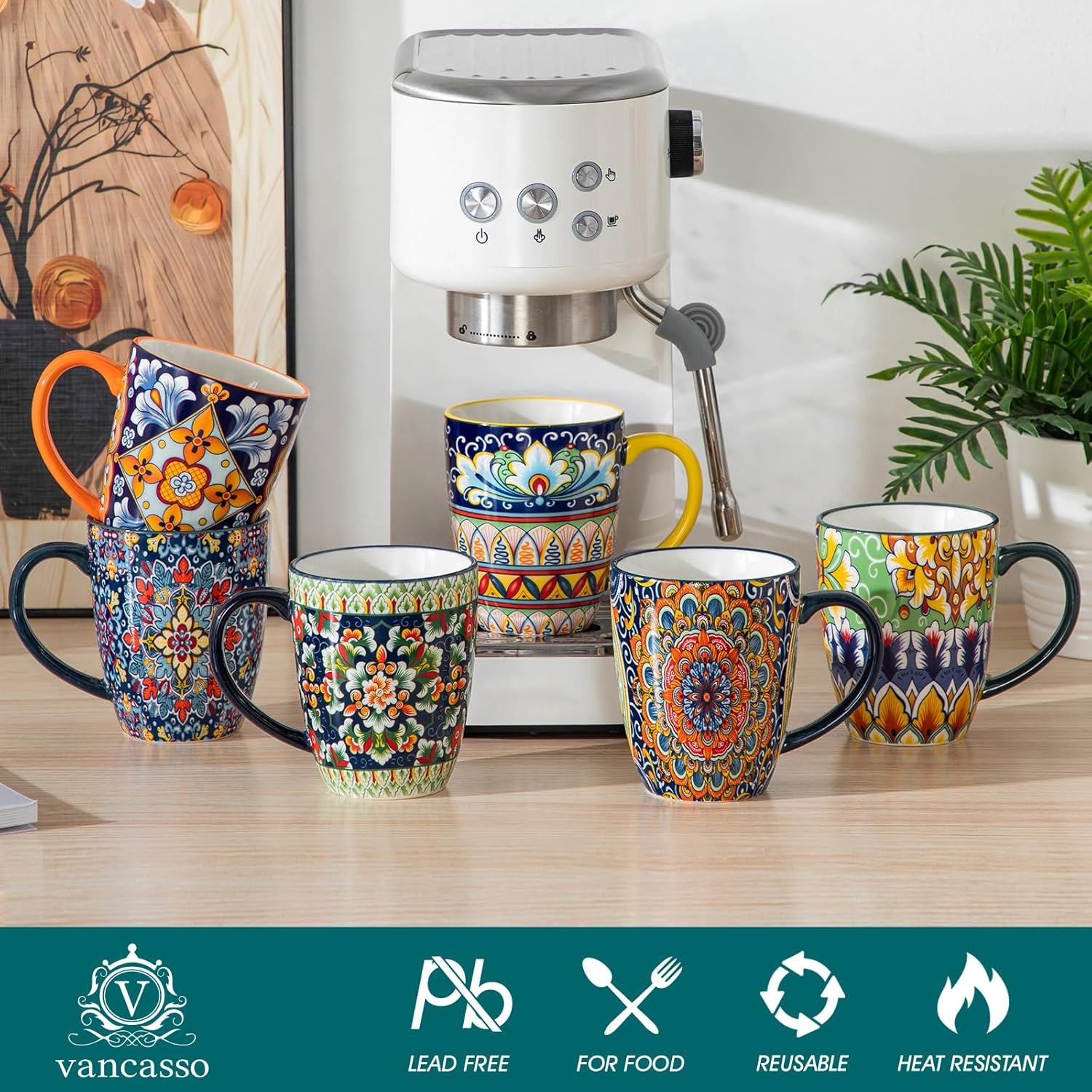 Vancasso 12 Oz Coffee Mugs Set of 6, Ceramic Mug with Handle, Boho Coffee Cups for Latte, Cappuccino & Hot Chocolate, Dishwasher & Microwave Safe Gift Set, Series SIMI image number 2