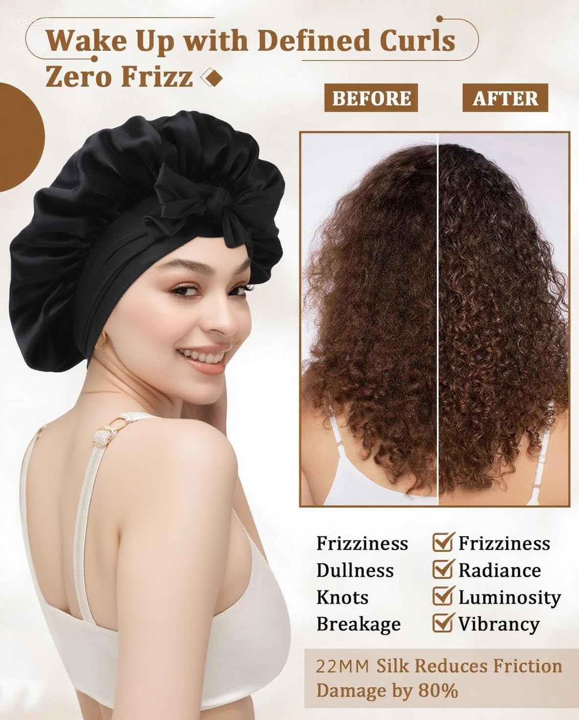 100% Silk Bonnet for Sleeping, Double Layer 22 Momme Mulberry Silk Hair Bonnets, Silky Wrap with Soft Tie Band Sleep Caps for Women (Black) image number 2