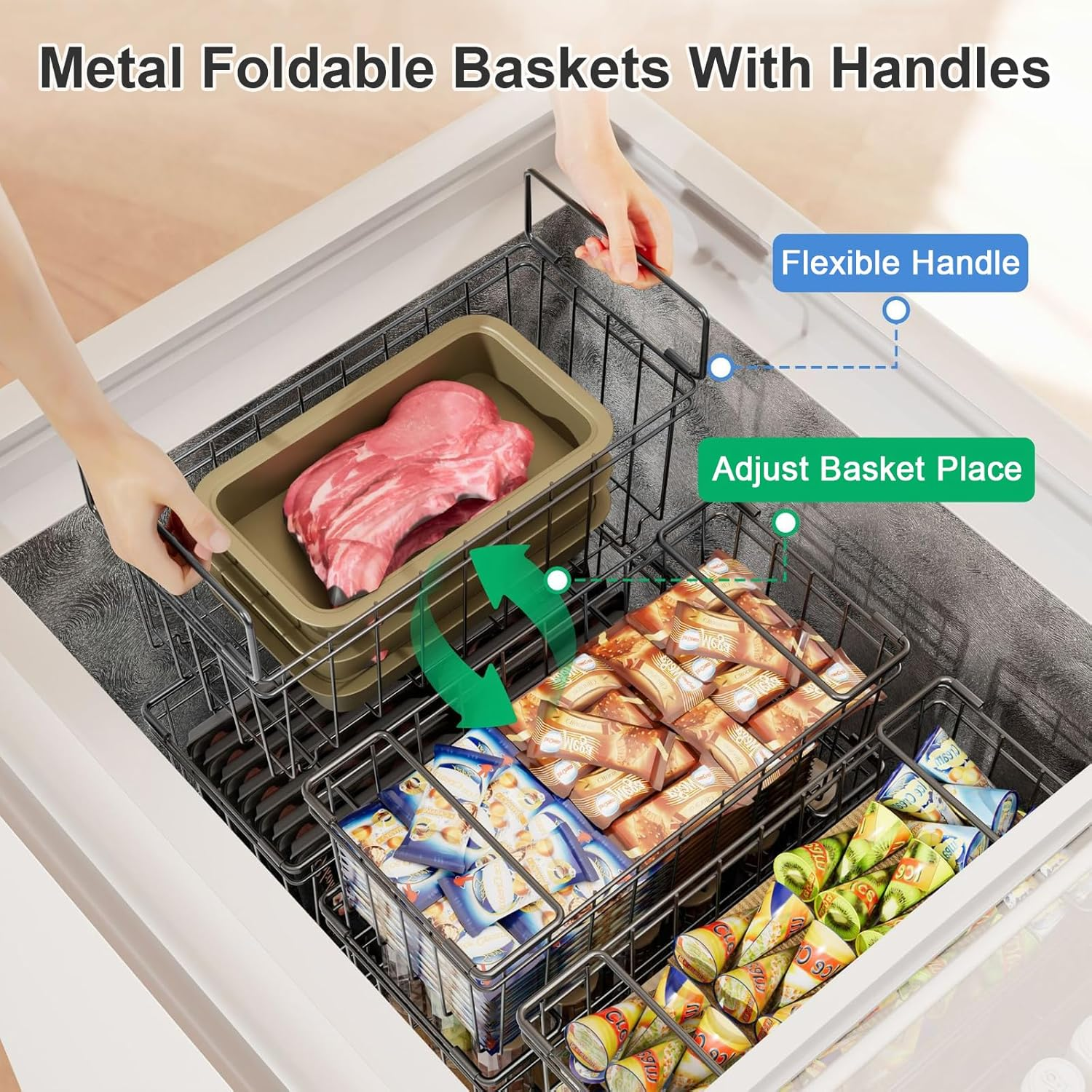 6 Pack Freezer Organizer Bins, Stackable Deep Chest Freezer Organizer Bins, Metal Foldable Baskets with Handles, Black Wire Freezer Storage Bin with Better Space Utilization (37&times;18&times;15Cm) image number 1