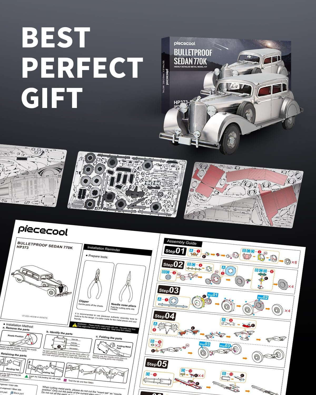 Piececool 3D Puzzles for Adults, Bulletproof Sedan 770K Model Kits Building, Car Model DIY Puzzle Set, Christams Gifts -154 Pcs - Silver image number 1