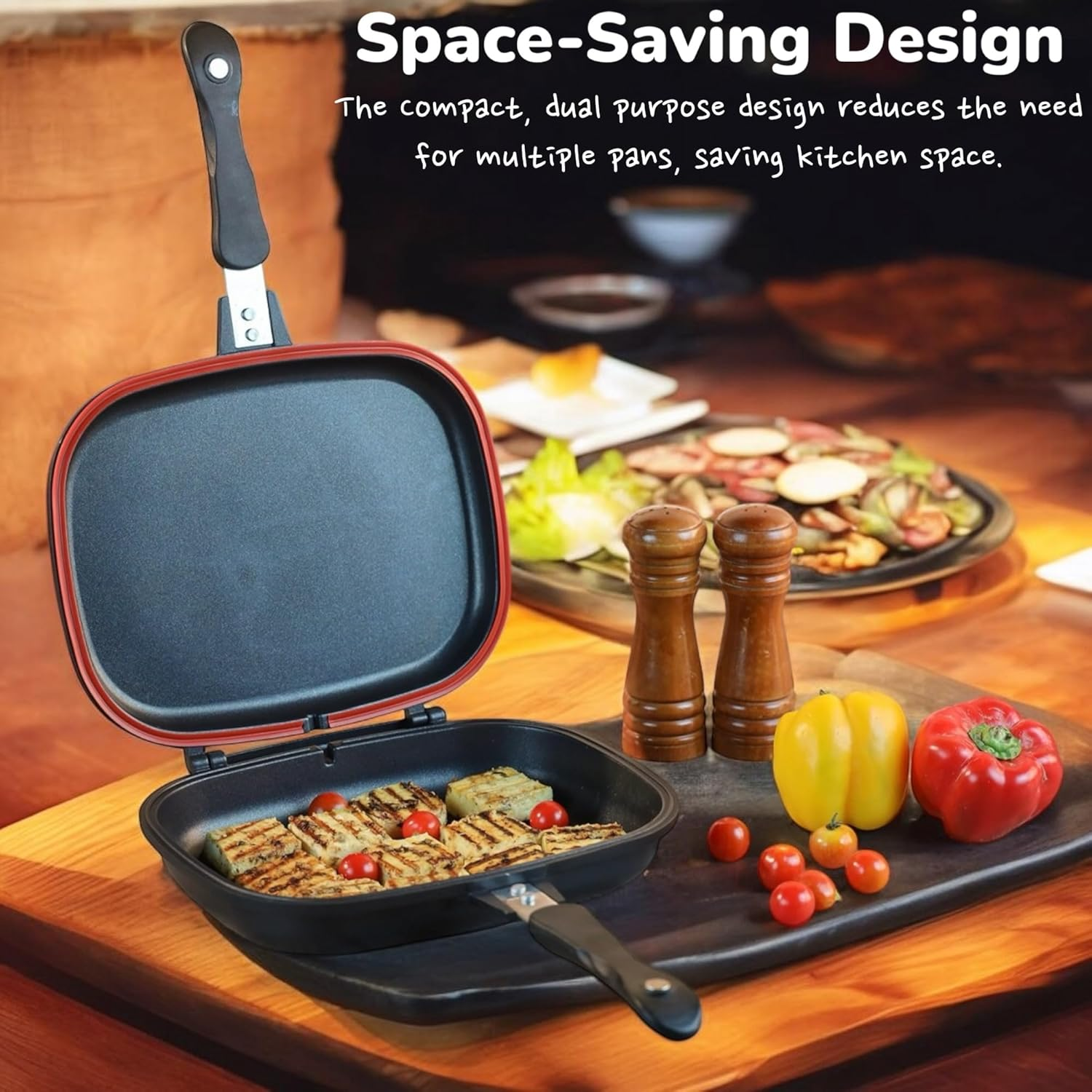 VIVID VIRSA Double Sided Grill Pan, Non Stick Fry Pan, Aluminum Alloy, Indoor Outdoor Grill Pan, Multi Function Frying Pan, Portable, Healthy, Non-Stick Double Sided Pan, Even Heat Distribution Pan. image number 5