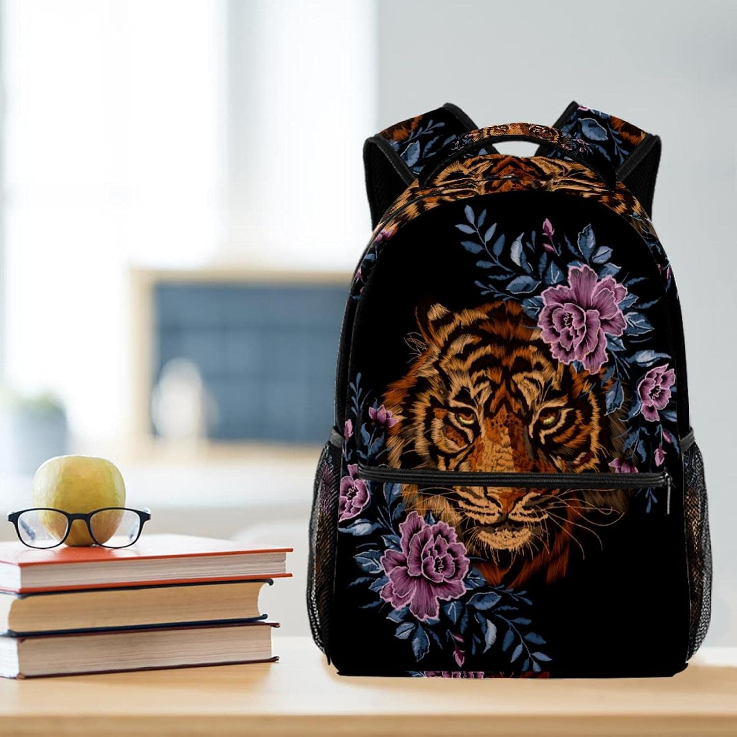 Floral Pattern with Tiger Head Ethnic Flowers Backpack Students Shoulder Bags Travel Bag College School Tote Backpacks image number 4