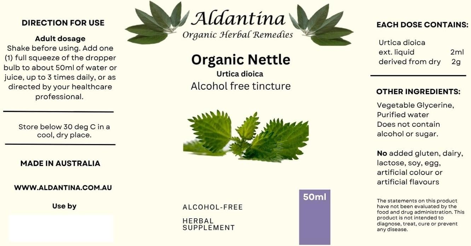 Organic Nettle (Urtica Dioica) Tincture/Extract, Australian Made, Alcohol-Free (50Ml)