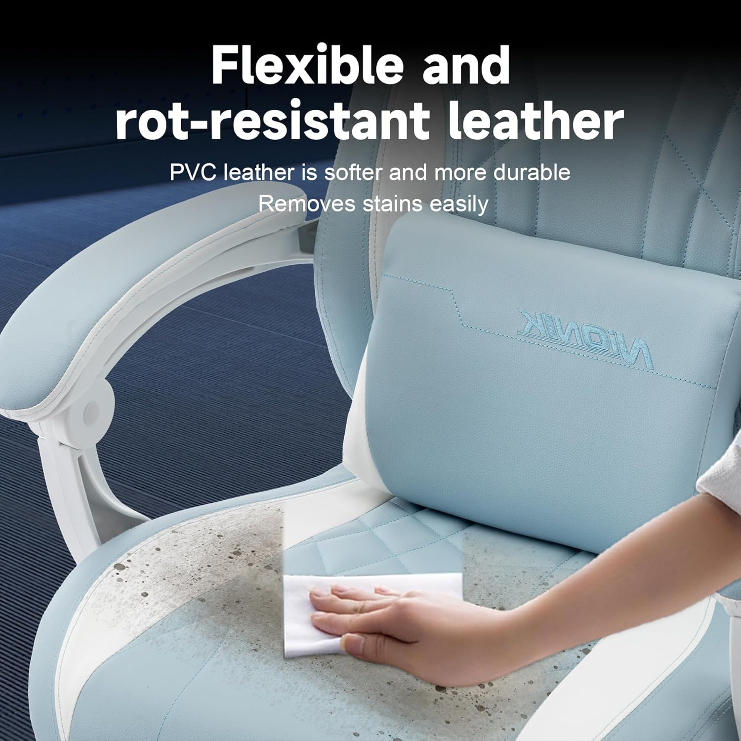 Segedom Gaming Chairs High Back Massage Game Chair with Footrest Computer Reclining Chair with Headrest and Lumbar Support for Big and Tall PVC Leather Gaming Chair for Adults (Cyan White) - Blue image number 3