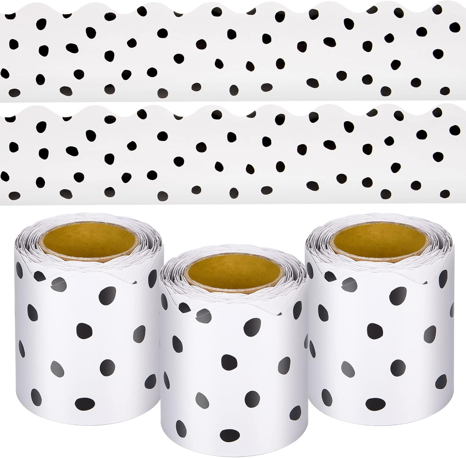 99 Feet Black Painted Dots Bulletin Board Borders 3 Rolls Scalloped Border Trims Polk Dots Decorative Classroom Bulletin Board Trim Back to School Decoration for Home Classroom School Office Decor image number 4