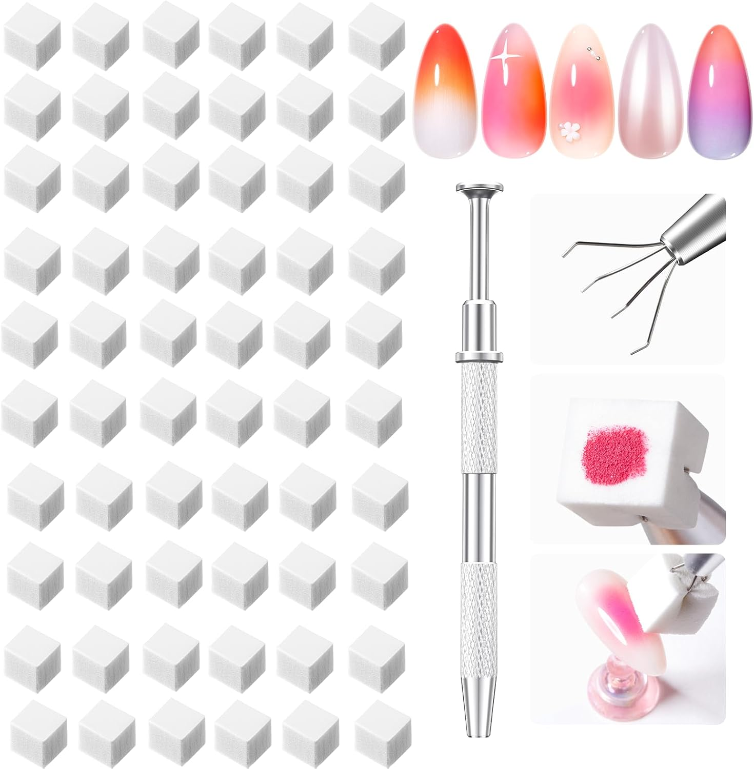 Modelones 150Pcs Nail Sponges for Ombre, Nail Art Sponge with Grabbing Pen Reusable Soft Sponges for Gradient Ombre Blush Chrome Design Effects Professional Nail Stuff Supplies DIY image number 4