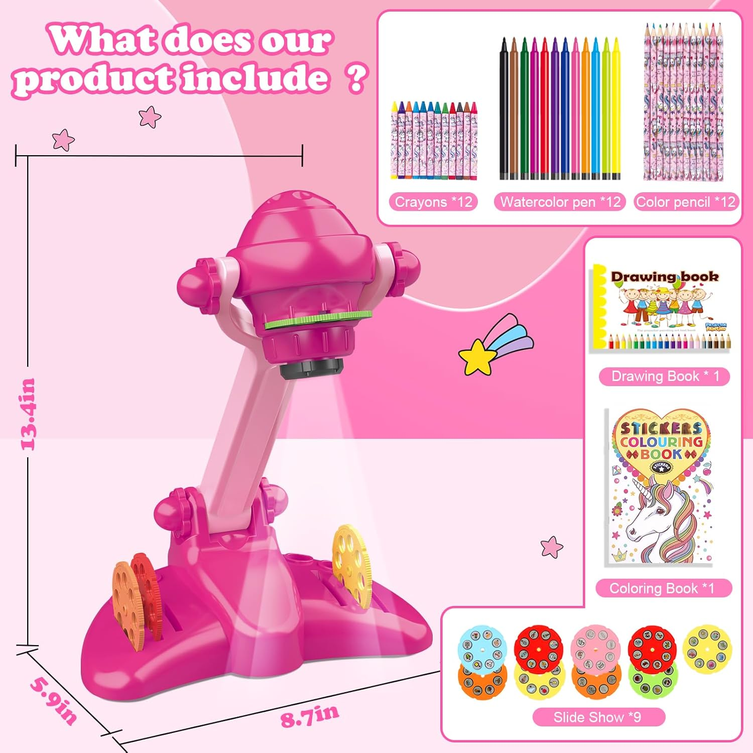 Drawing Projector for Kids, Art and Craft Kit, Toys for Girls Aged 3+, Including Colored Pencils, Crayons, Coloring Books 3+ Year Old Girls (Pink Drawing Kit V2) image number 5