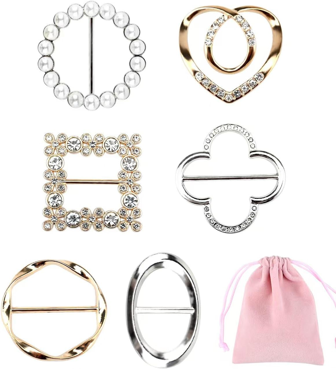 6PCS Silk Scarf Ring Clip, T-Shirt Tie Clips for Women Girls Fashion Metal Circle Buckle, Waist Clothes Corner Button, Shirt Waist Cinch Clips Tightener with 1 Storage Bag image number 6