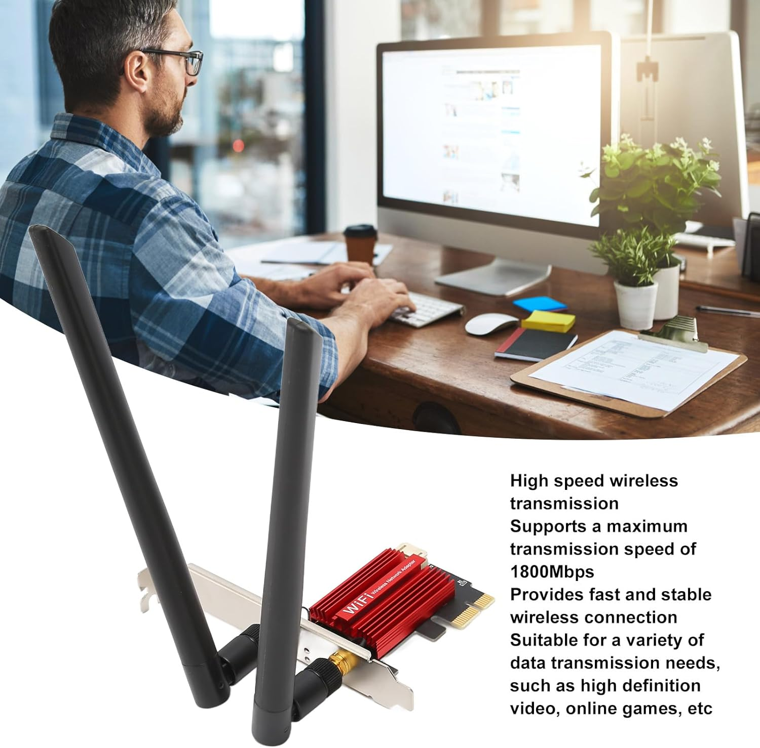 AX1800 Pro WIFI6 PCIE Network Card, 1800Mbps Bluetooth Dual Antenna PCIE Adapter Network Card for Desktop PC, PCIE X16 Expansion Card for HD Video Online Games image number 2