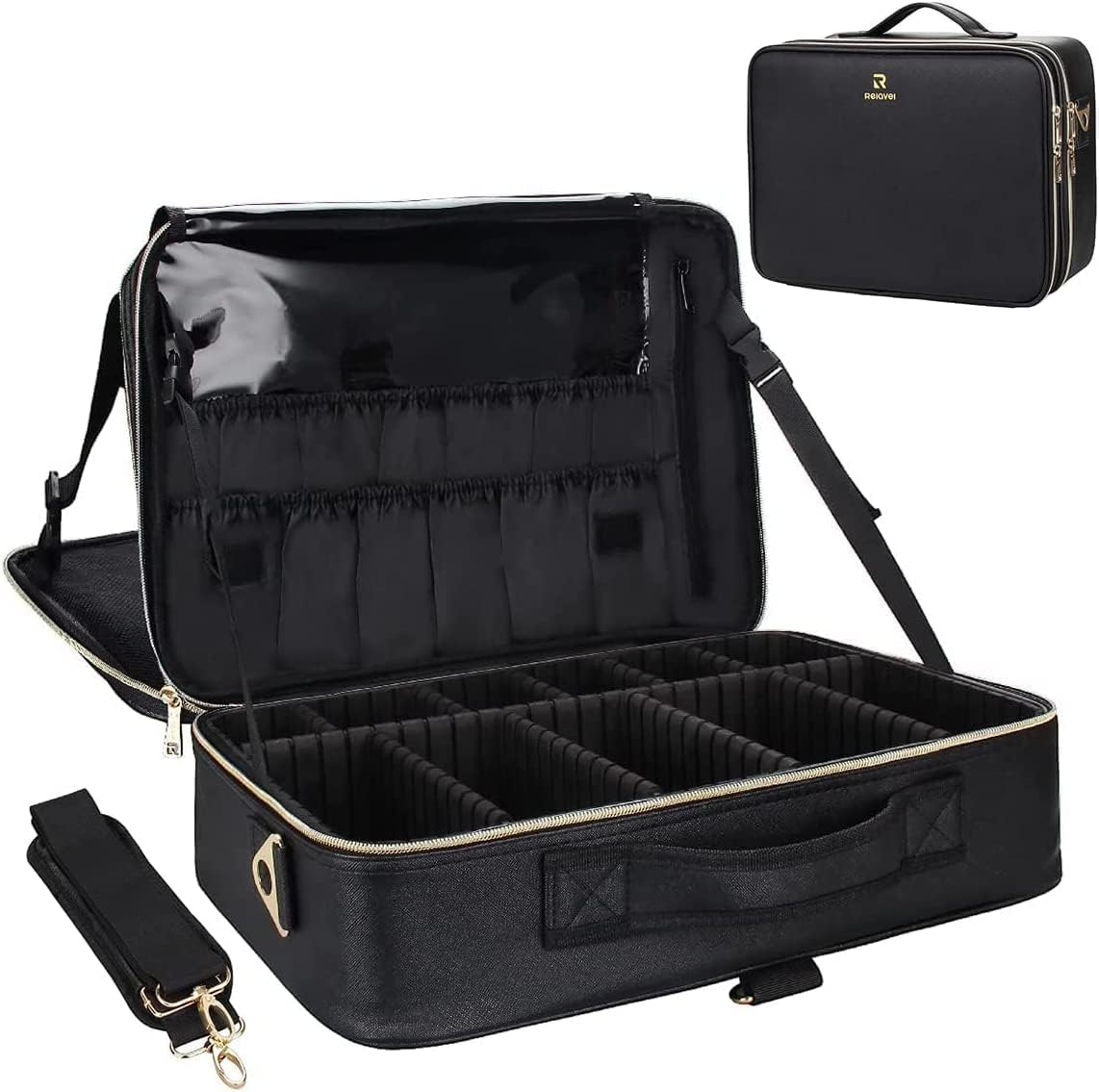 Samtour Makeup Train Case Cosmetic Bag Professional Brush Organizer and Storage Travel Make up Artist Box 3 Layer Large Capacity with Adjustable Strap (Leather Black, Large)
