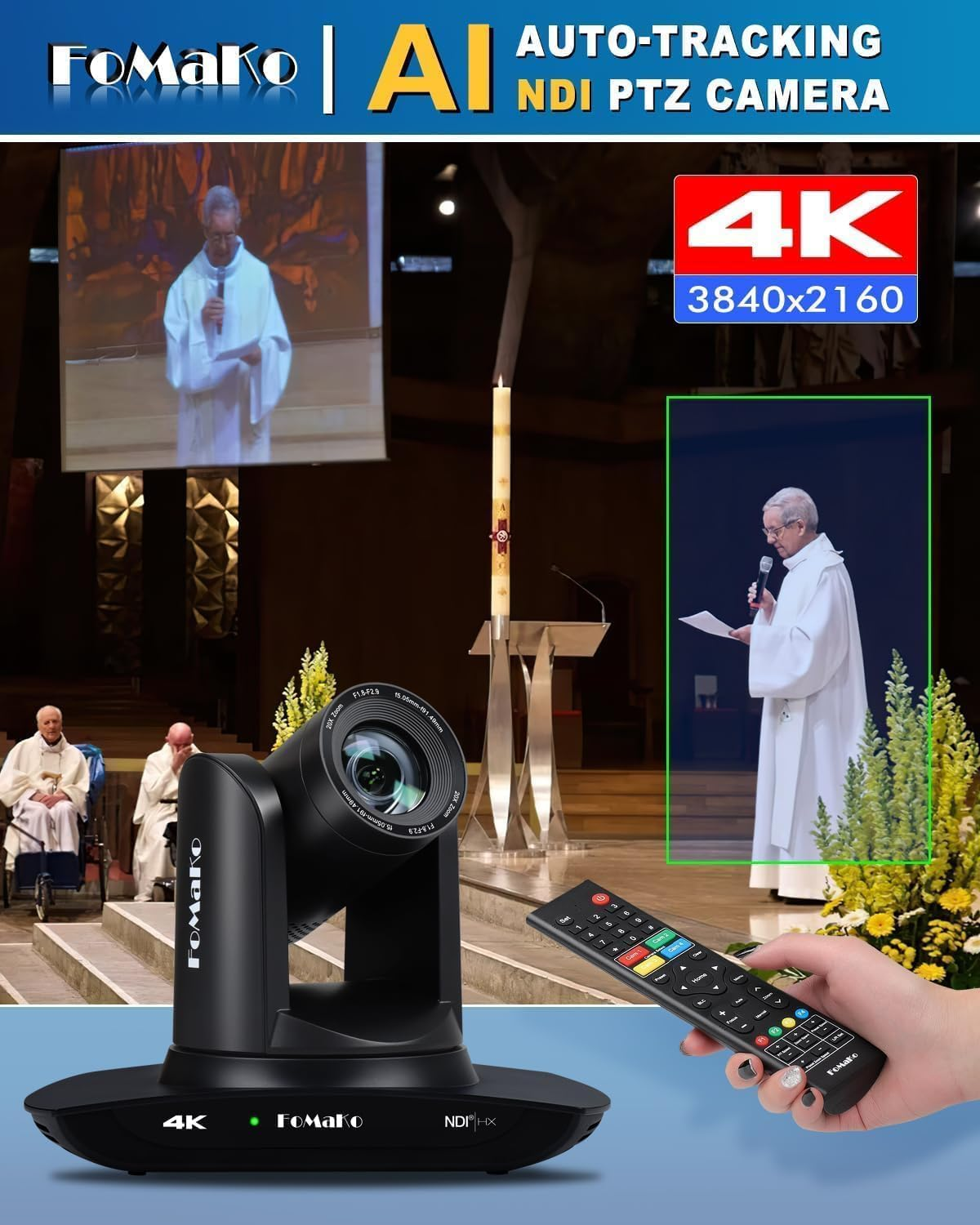 Fomako 4K PTZ Camera NDI HX3 AI Auto-Tracking, 20X Optical Zoom, NDI PTZ Camera 4K for Church Worship, Education, Live Events, Youtube OBS Live Streaming, NDI License Included, K20UH NDI Version image number 3