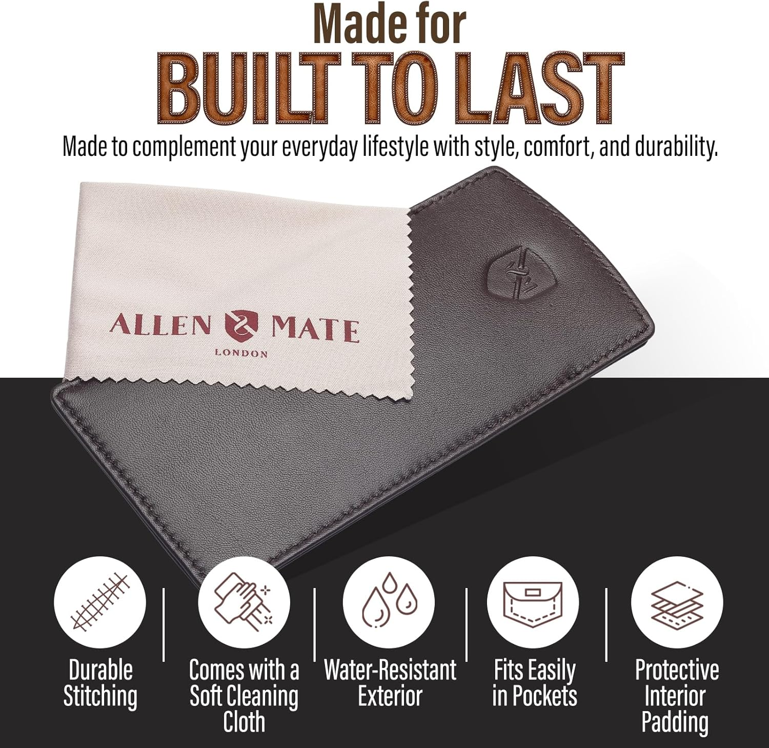 ALLEN & MATE Real Leather Reading Glasses Case Slim Soft Spectacles Pouch Sleeve with Glass Cleaning Cloth image number 2