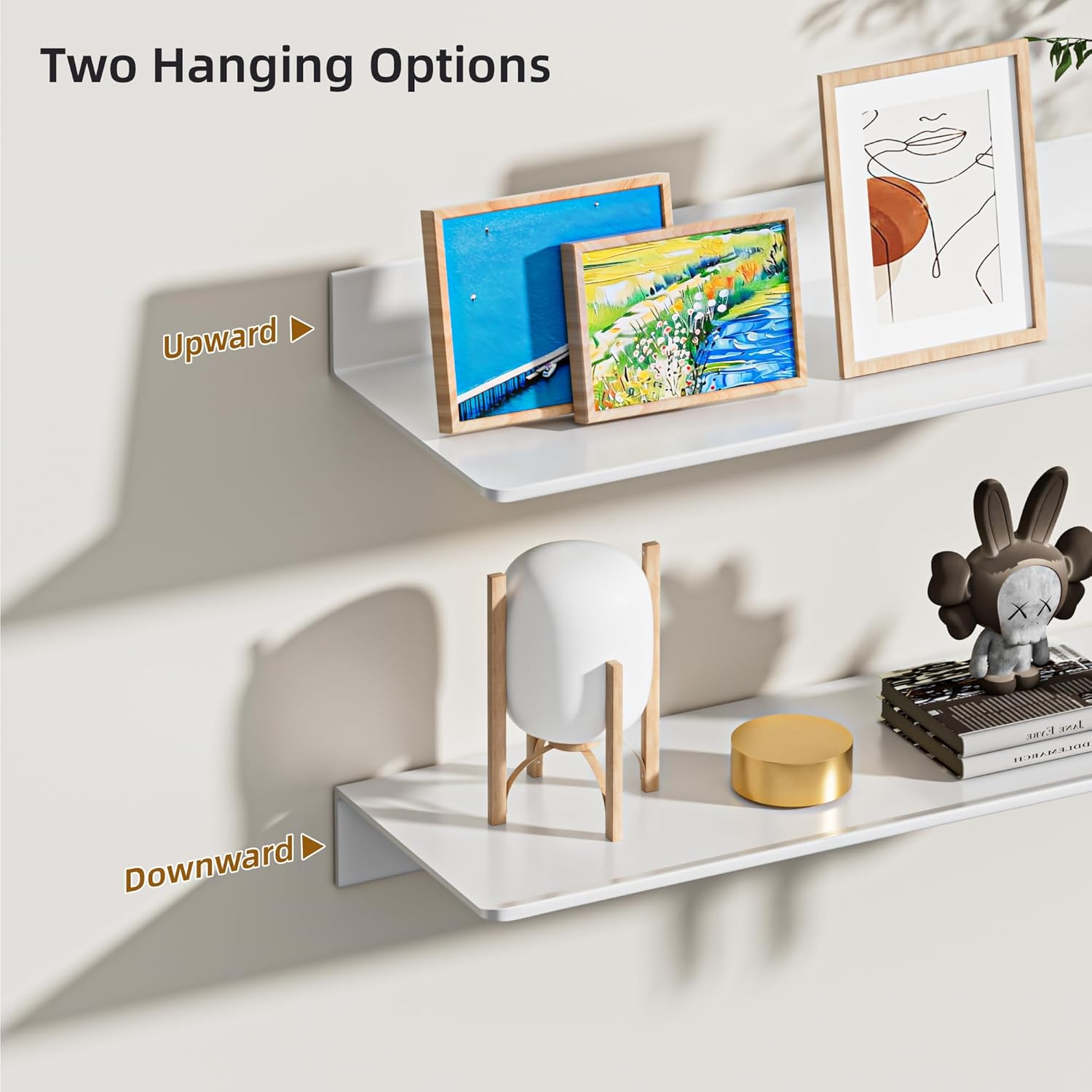 HNVNER Metal Wall Shelf, Set of 2, 40 Cm, White Floating Shelf, No Drilling, Aluminium Shower Shelf, Rustproof & Stick-On Assembly, for Wall Decoration and Storage in the Living Room, Bedroom image number 5