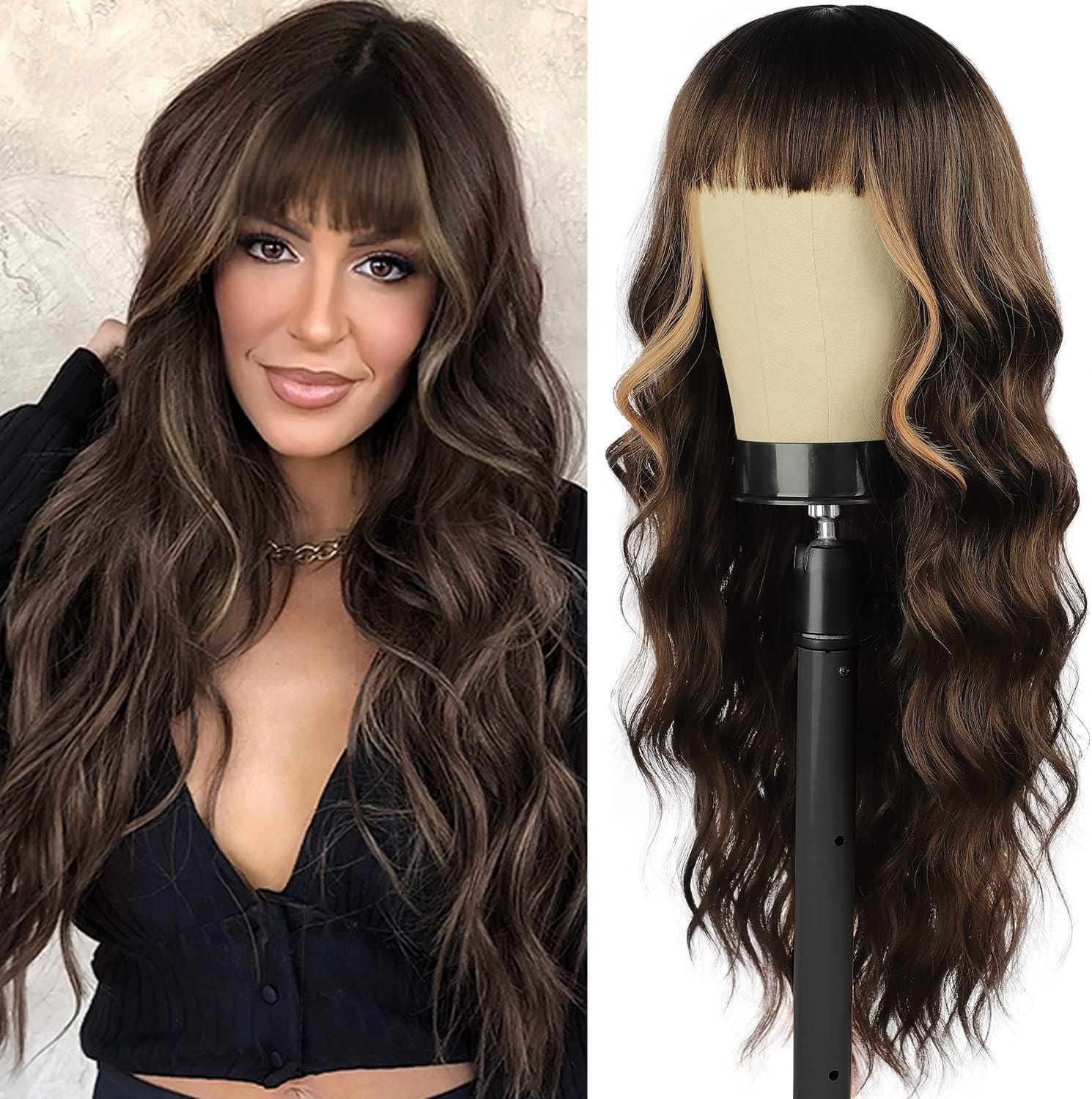 BLEXCO Long Wavy Wig with Bangs 26 Inch Synthetic Natural Wavy Wigs for Women Heat Resistant Synthetic Wigs for Daily Party Use (Black)