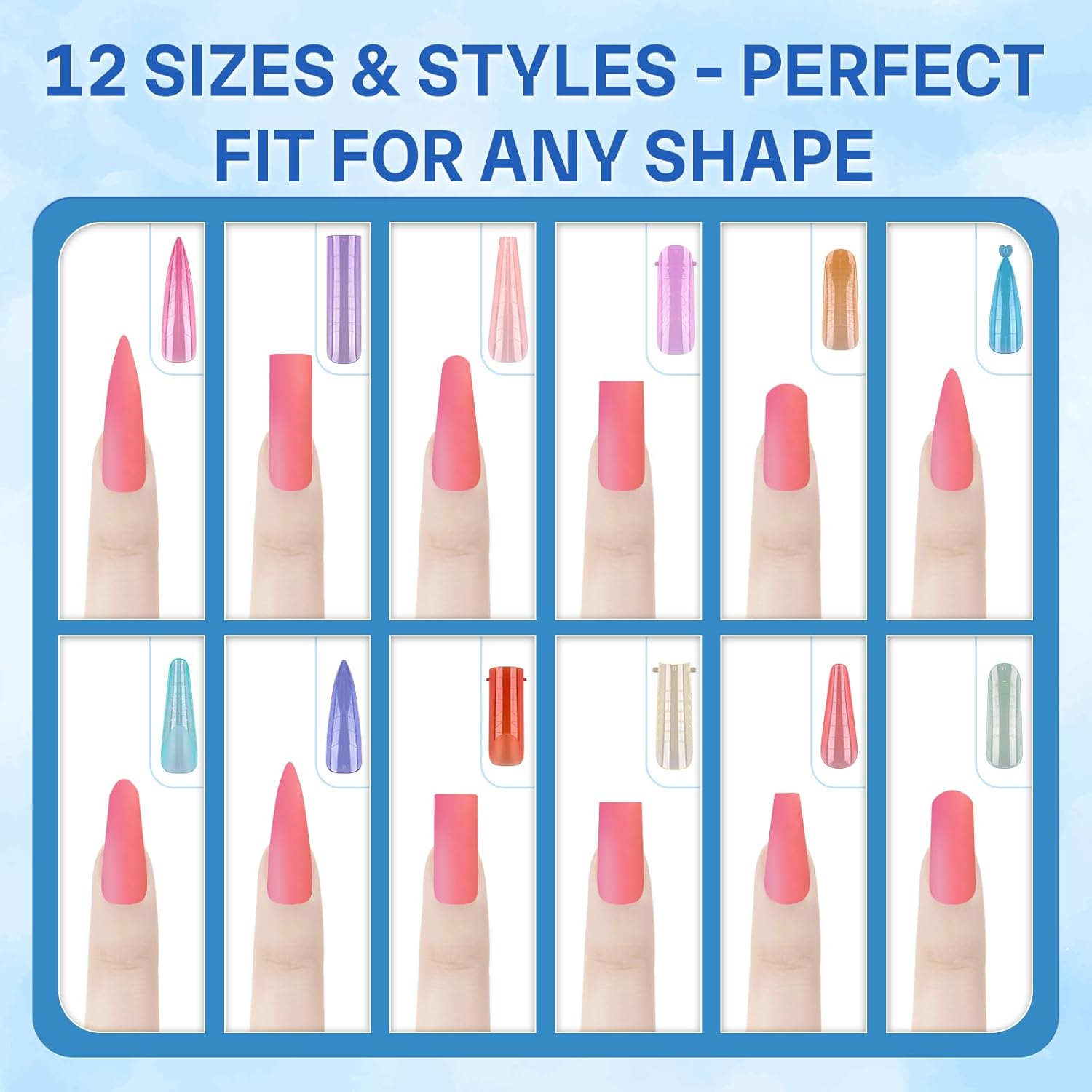 AMILHITON 288PCS Dual Nail Forms Set for Poly Gel & Builder Gel, 12 Mixed Shapes Full Cover Molds with Length Scale, Multicolor Matte & Clear Reusable Forms for Nail Extension Practice & DIY Manicure image number 3