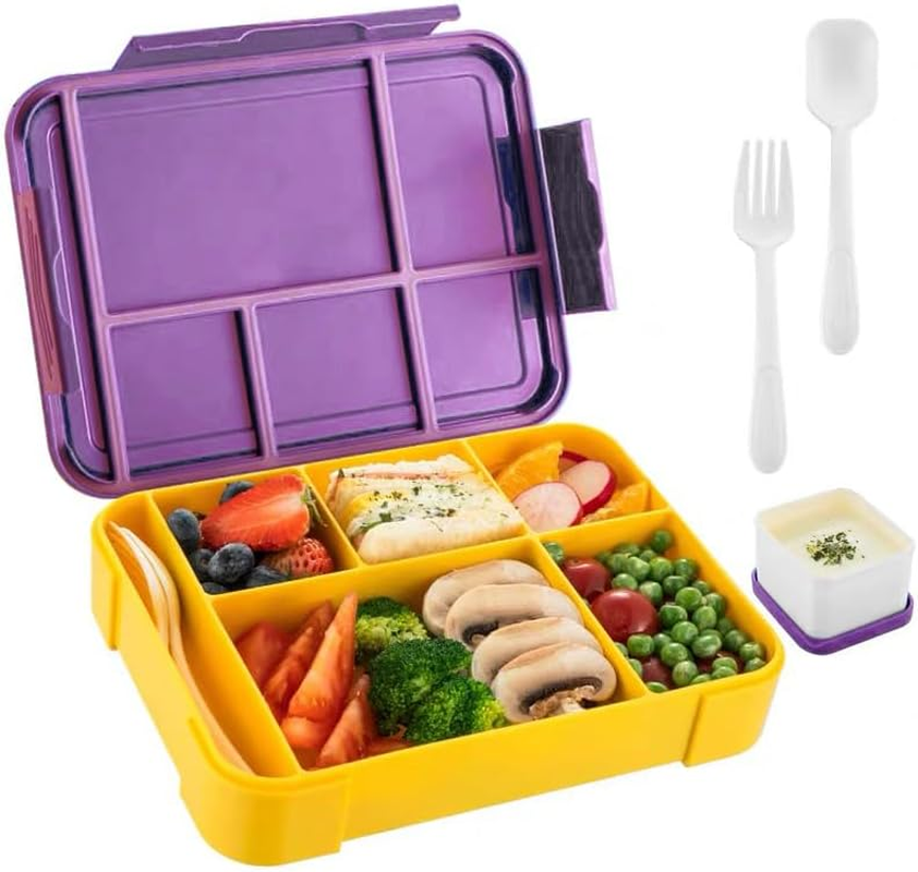 Bento Lunch Box for Kids, 1330ML Bento Box Adult Lunch Box with 6 Compartment, Leakproof Snack Boxes with Utensil Sauce Dressing Containers ，Leakproof, Microwave, Dishwasher (GR)