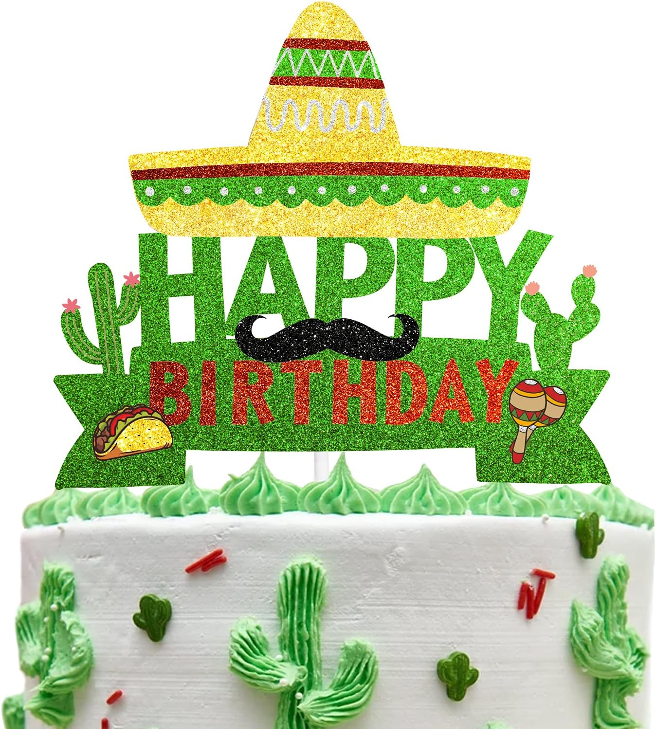 Cactus Cake Topper - Fiesta Theme Kids Boys Girls Man Women Party Decor Supplies - Mexican Maracas Moustache Happy Birthday Party Event Glitter Decoration Supplies
