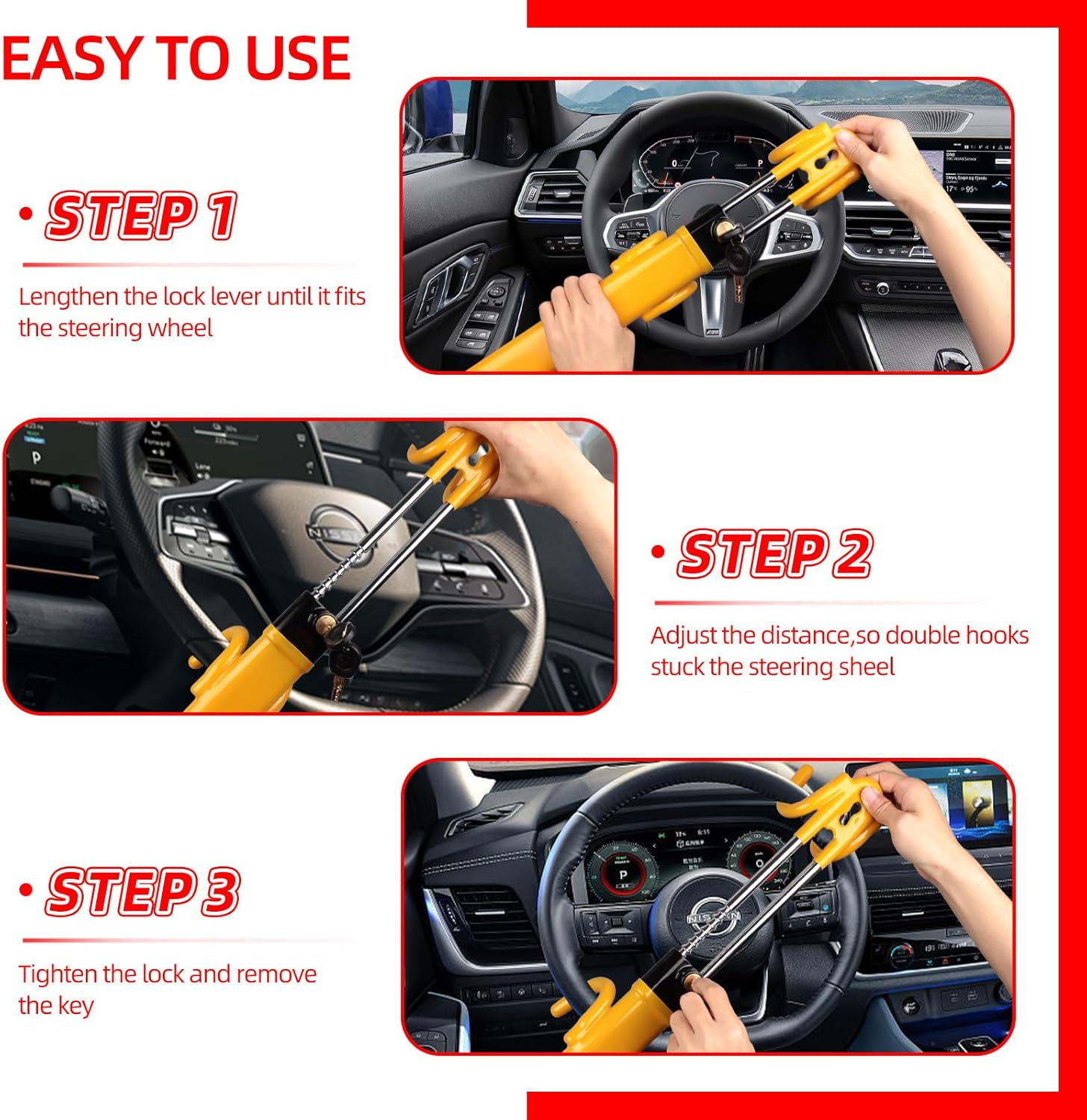 NOEAIKE Steering Wheel Lock,Heavy Duty Anti-Theft Car Device with Double Hooks Design for Enhanced Vehicle Protection,Adjustable Length Locking with 2 Keys Universal Fit (Yellow) - Black image number 4