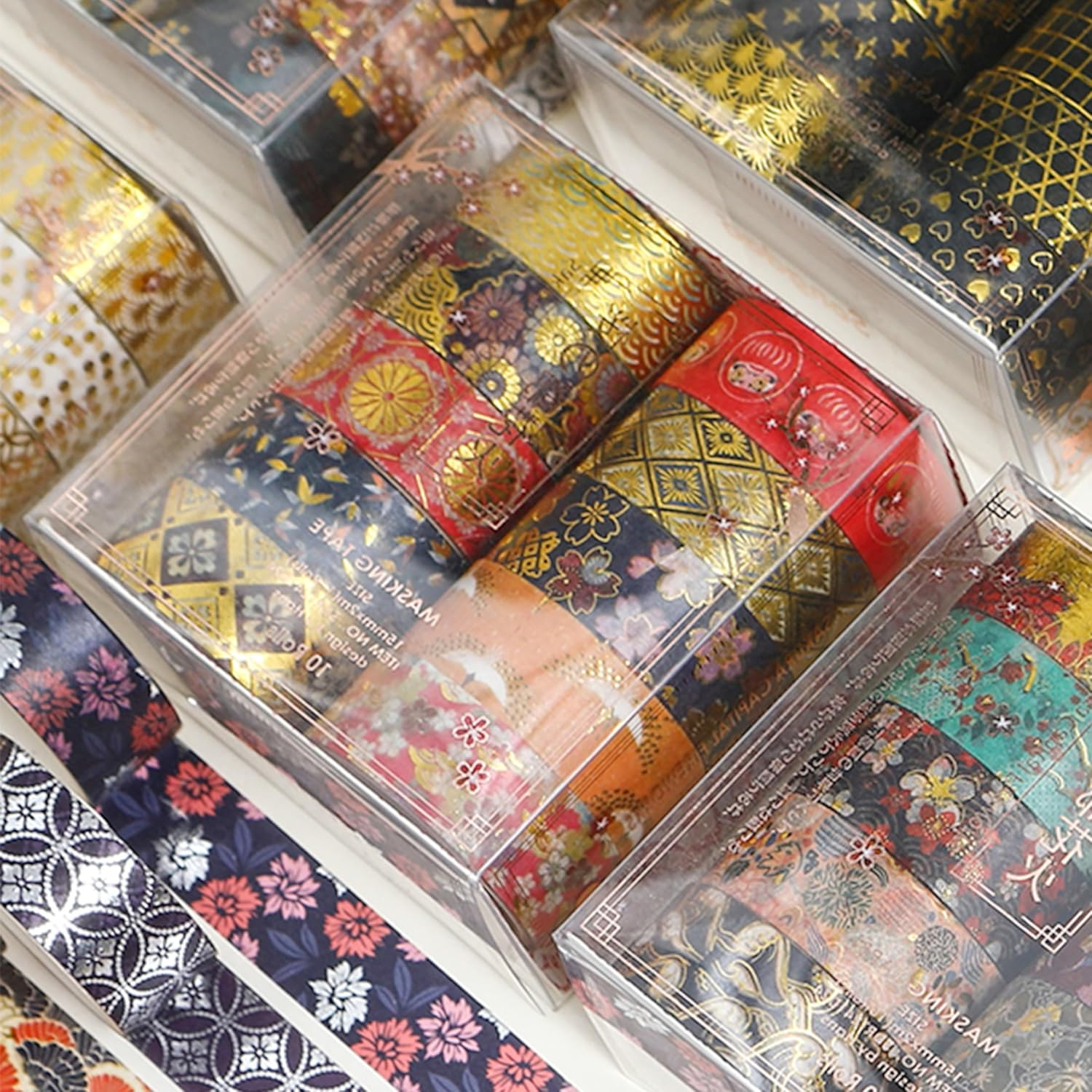 Songdao 10 Rolls Sakura Washi Tape Set Japanese Arts Adhesive Tapes Gold Silver Foil Decorative Masking Tape Sets for Craft, Kids, Scrapbook, DIY, Gift Wrapping (Golden Kimono) - Golden Kimono image number 5