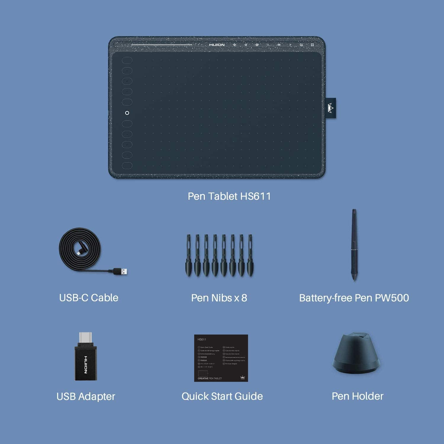 HUION HS611 Graphics Drawing Tablet 10X6 Inch with 8192 Levels Battery-Free Pen, 8 Multimedia Keys and 10 Press Keys, Support Android, Ideal Use for Distance Education and Wed Conference (Blue) image number 6