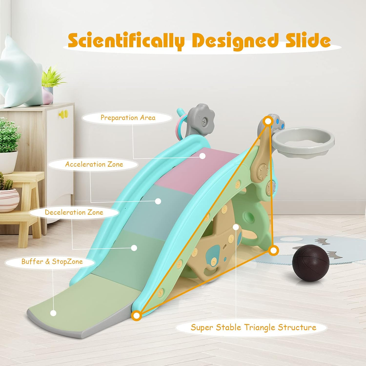 HONEY JOY 4-In-1 Kids Rocking Horse, Portable Toddler Ride on Rocking Toy with Slide, Basketball Hoop & Ring-Toss Game, Foldable Toddler Playground Slide Climber for Boys and Girls (Blue Bear)