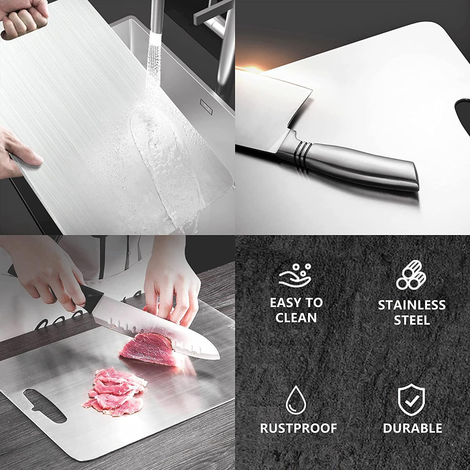 Kitchen Chopping Board, Stainless Steel Cutting Board, Can Be Hung Cutting Mat, Heavy Duty Non Slip Cutting Boards for Meat and Vegetables, Dishwasher Safe (30X20Cm) image number 3