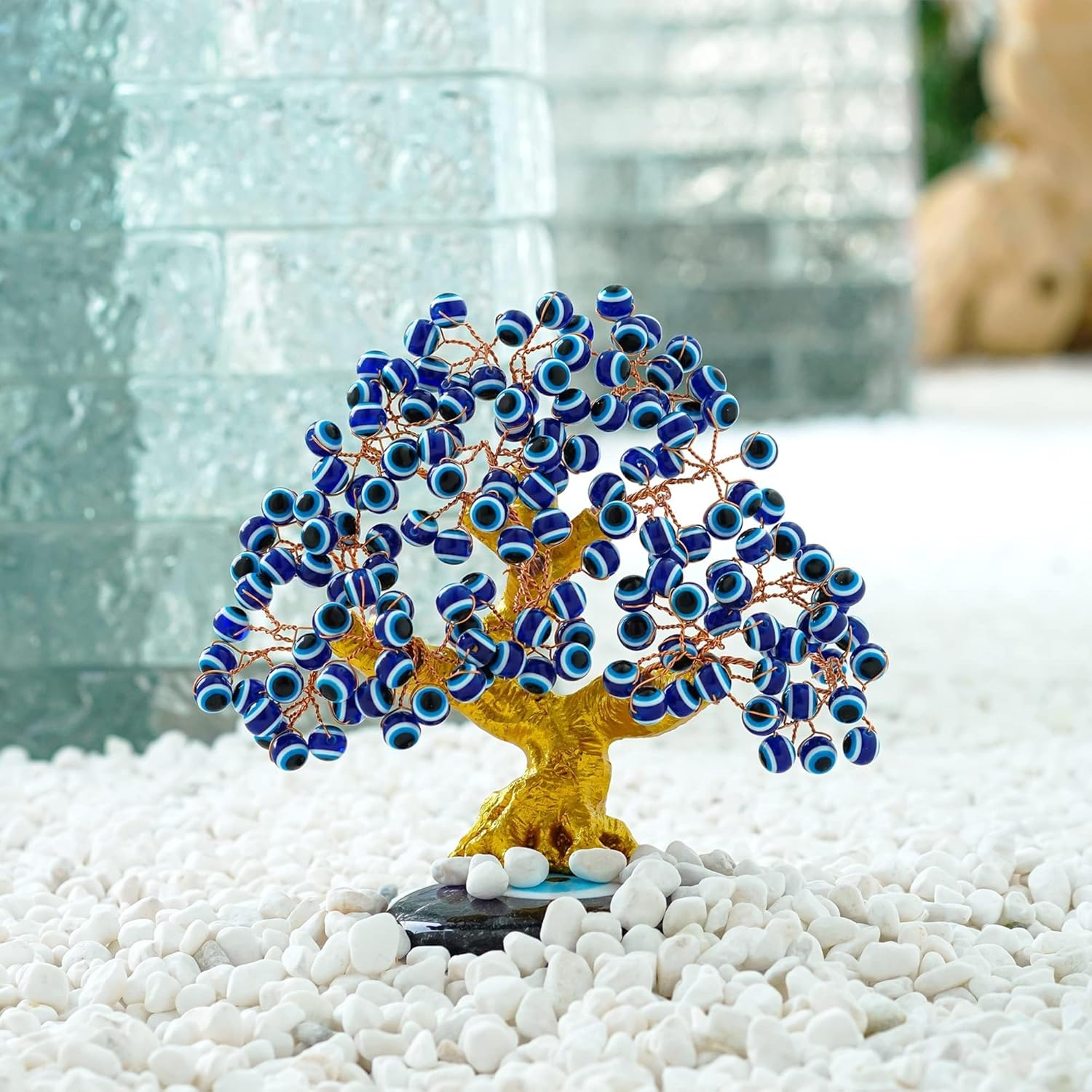 YU FENG 6.8Inch Turkish Nazar Blue Evil Eye Tree, Evil Eye Coaster Tree for Protection Good Luck Prosperity Gift Showpiece for Home Table Office Decor image number 3