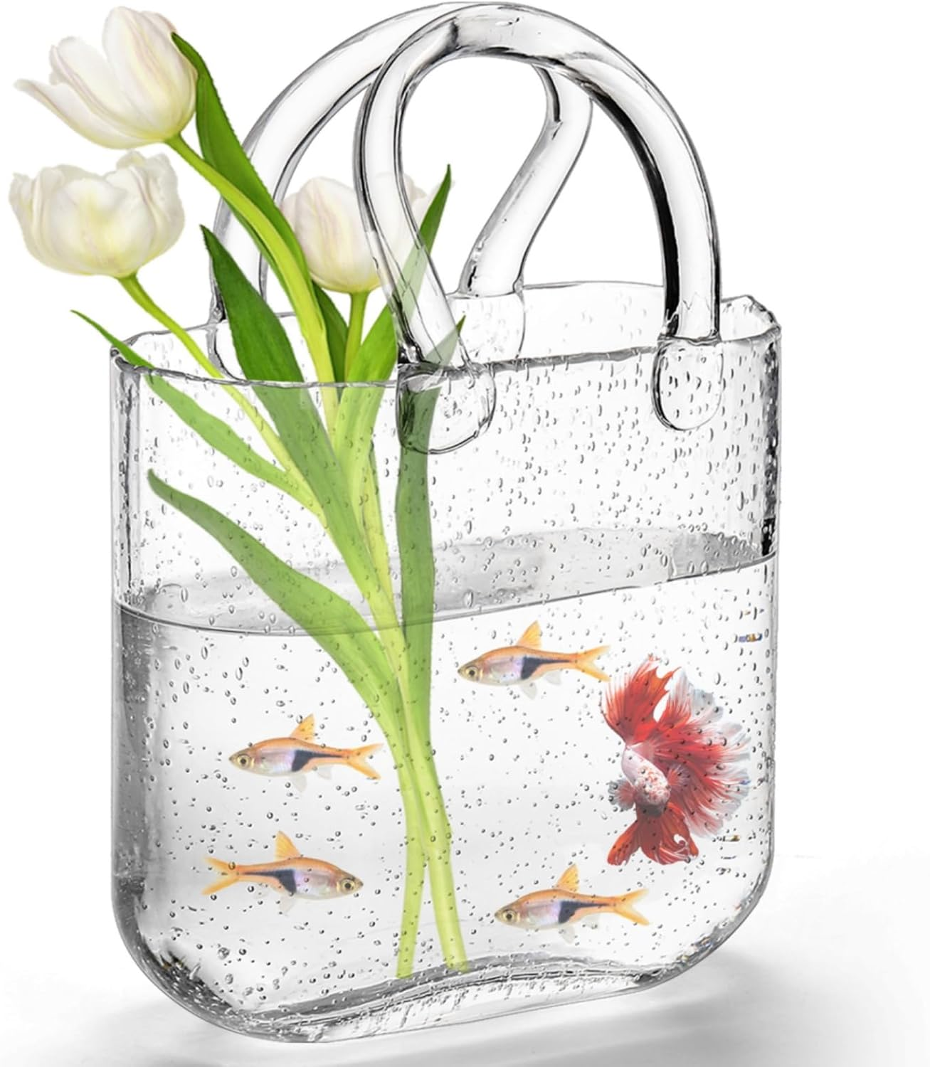 Noamus Purse Vase for Flowers, Unique Clear Glass Bag Vase with Handle, Handbag Shape Flower Vase Fish Bowl, Wide Mouth Bubble Vase for Wedding Birthday Centerpieces, Home Garden Decor(Transparent)