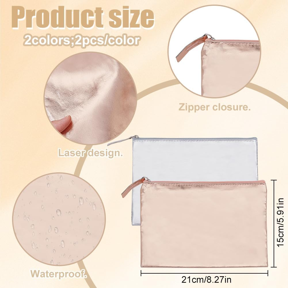 PLIGREAT 4 Pack Mini Makeup Bags, Silver Cosmetic Pouch with Zipper Small Champagne PU Travel Bag for Purse 21X15 Cm Waterproof Wristlet Wallet for Women Coin Key Holders, 2 Colors