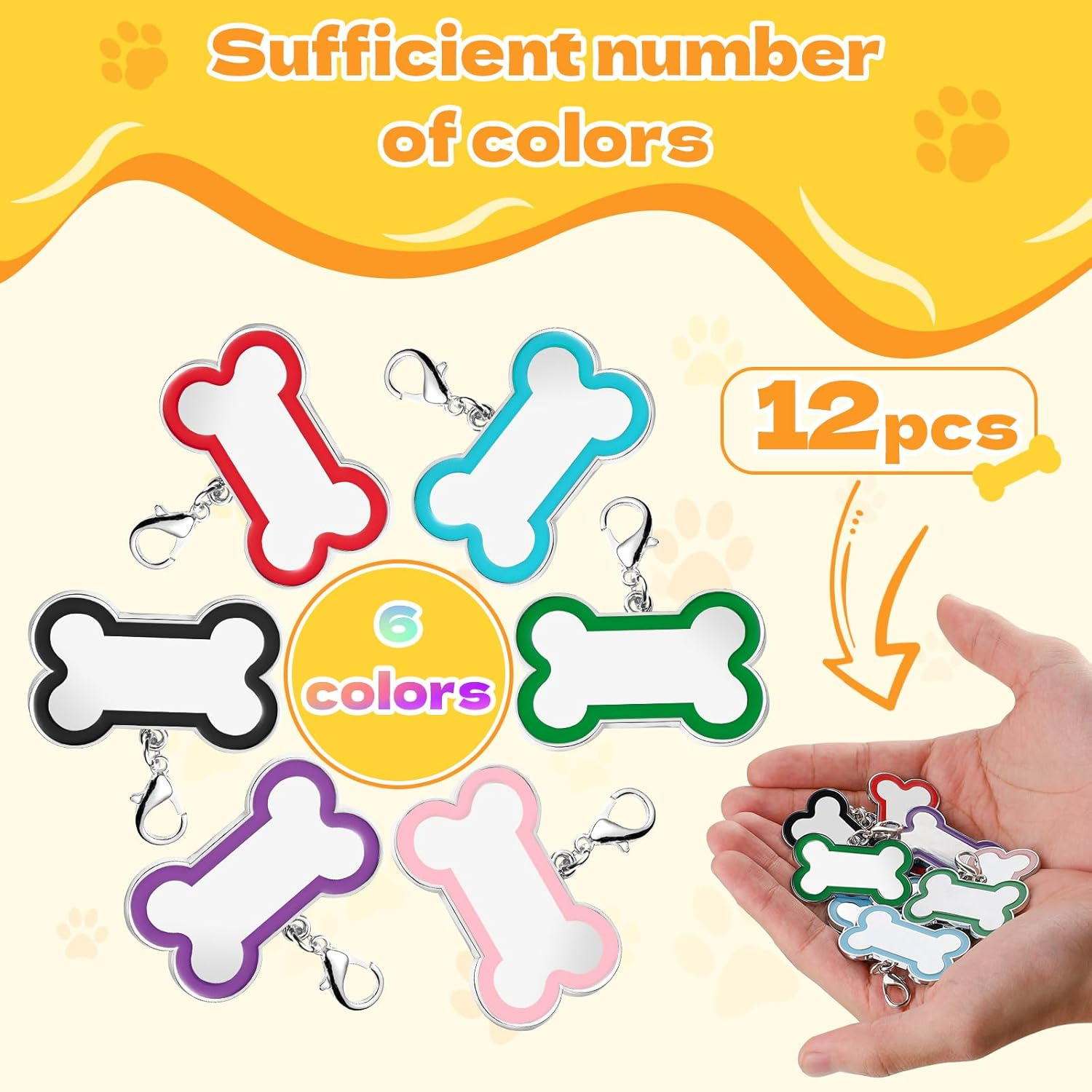 12 Pack Blank Dog Tags Engraved, Zinc Alloy Bone Shape Dog Name Tag for Dog Collar, 1.8In Dog Cat Pet ID Tags with Lobster Clasp for Engraving Name Phone Number (6 Colors)