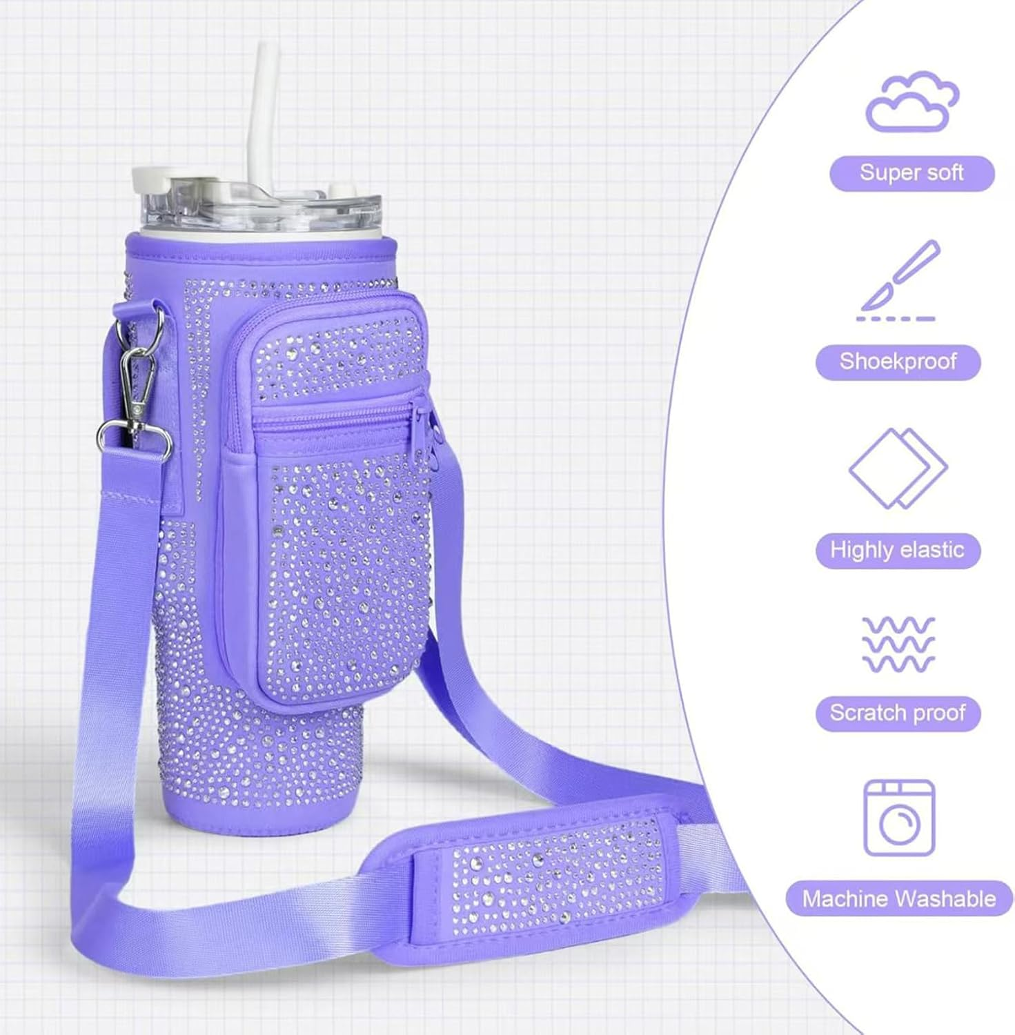 Bling Water Bottle Carrier Bag with Phone Pocket for Stanley Cup 40 Oz, Neoprene Water Bottle Holder Pouch with Adjustable Strap for Stanley Cup Accessories (Black) - Blue image number 3