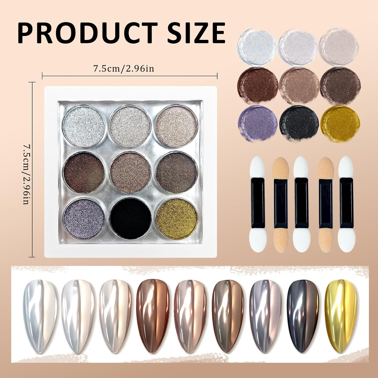 MKNZOME 9 Colors Chrome Nail Powder Palette, Black Gold Brown Silver Metallic Mirror Holographic Powder for Nails, Fine Glitter Nail Art Decoration for Home DIY Salon Manicure Pigment, D image number 3