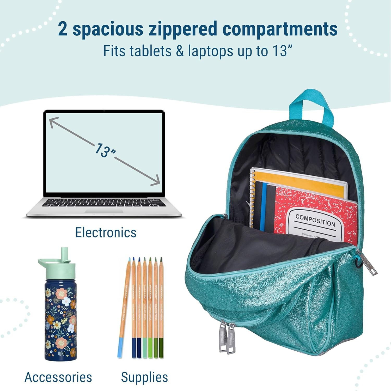 Wildkin Kids 15 Inch Backpack for Boys and Girls, Perfect Size for Preschool, Kindergarten and Elementary School, 600-Denier Polyester Fabric Backpacks, Bpa-Free, (Blue Glitter) - Ballerina image number 7