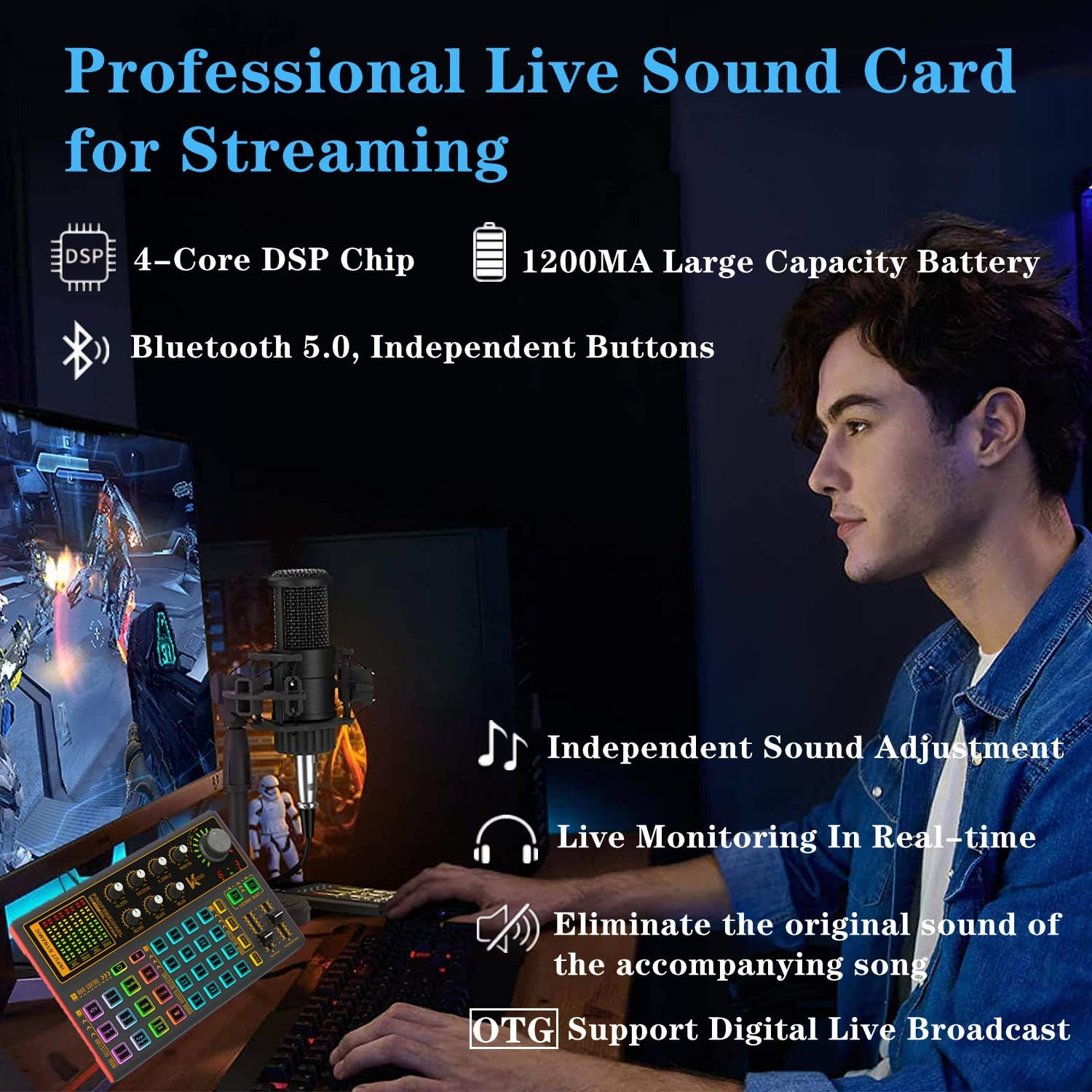 Professional Audio Mixer, K300 Live Sound Card and Audio Interface Sound Board with Multiple DJ Mixer Effects,Voice Changer and LED Light, Prefect for Streaming/Podcasting/Gaming/Recording/Youtube/Pc image number 5