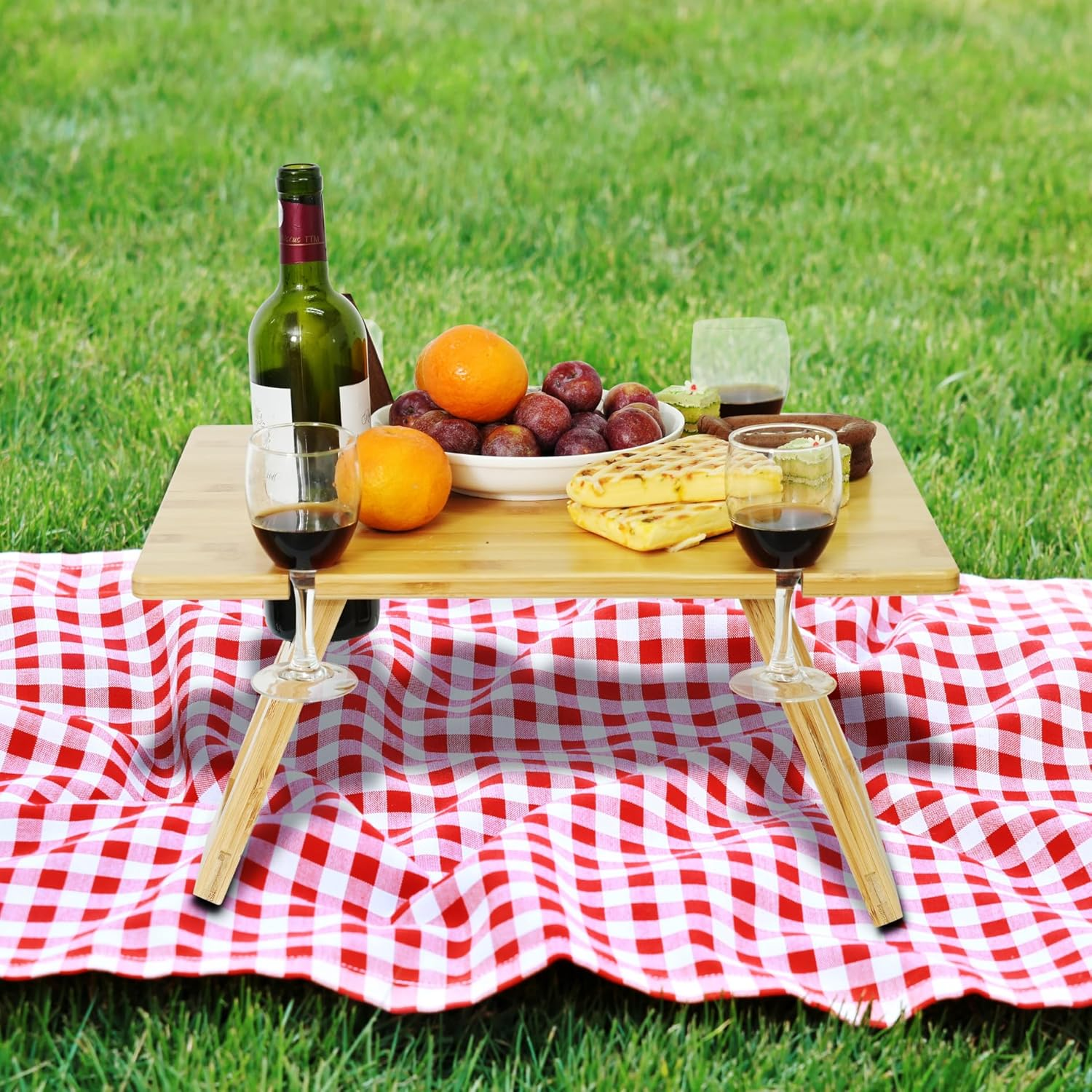 Portable Picnic Table, Foldable Table with Wine Bottle and Wine Glass Holders, Bamboo Tray Table for Camping, Beach, Park Picnic, Indoor/Outdoor Dining Table