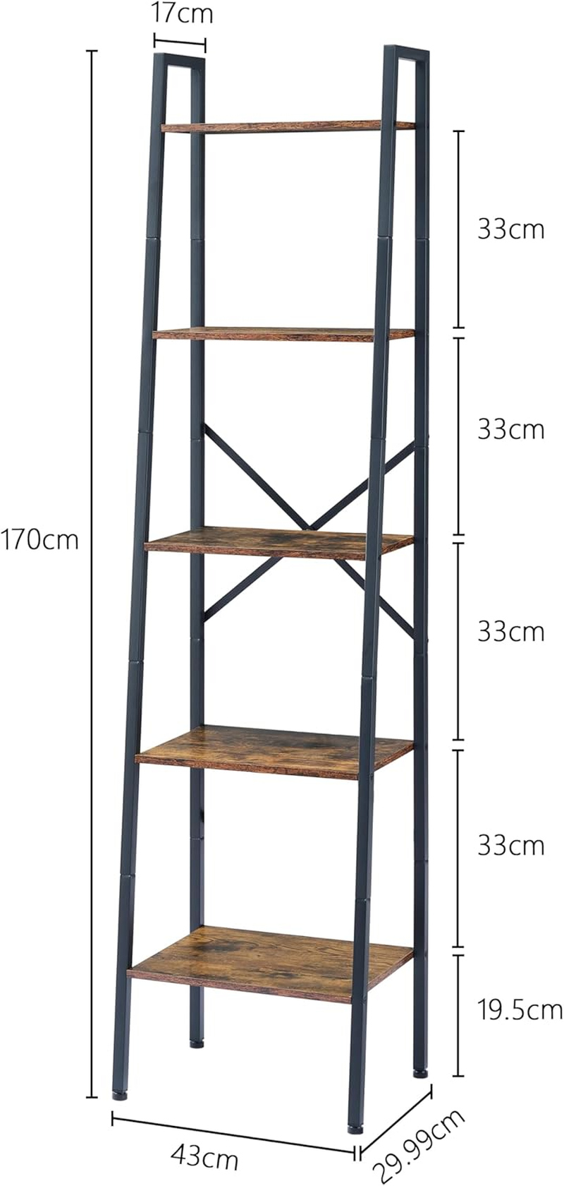 Hoctieon 5-Tier Industrial Ladder Bookshelf, Narrow Ladder Shelf, Tall Standing Bookshelf, Skinny Open Ladder Shelf, for Living Room, Home Office, Kitchen, Bedroom, Metal Frame, Rustic Brown image number 6