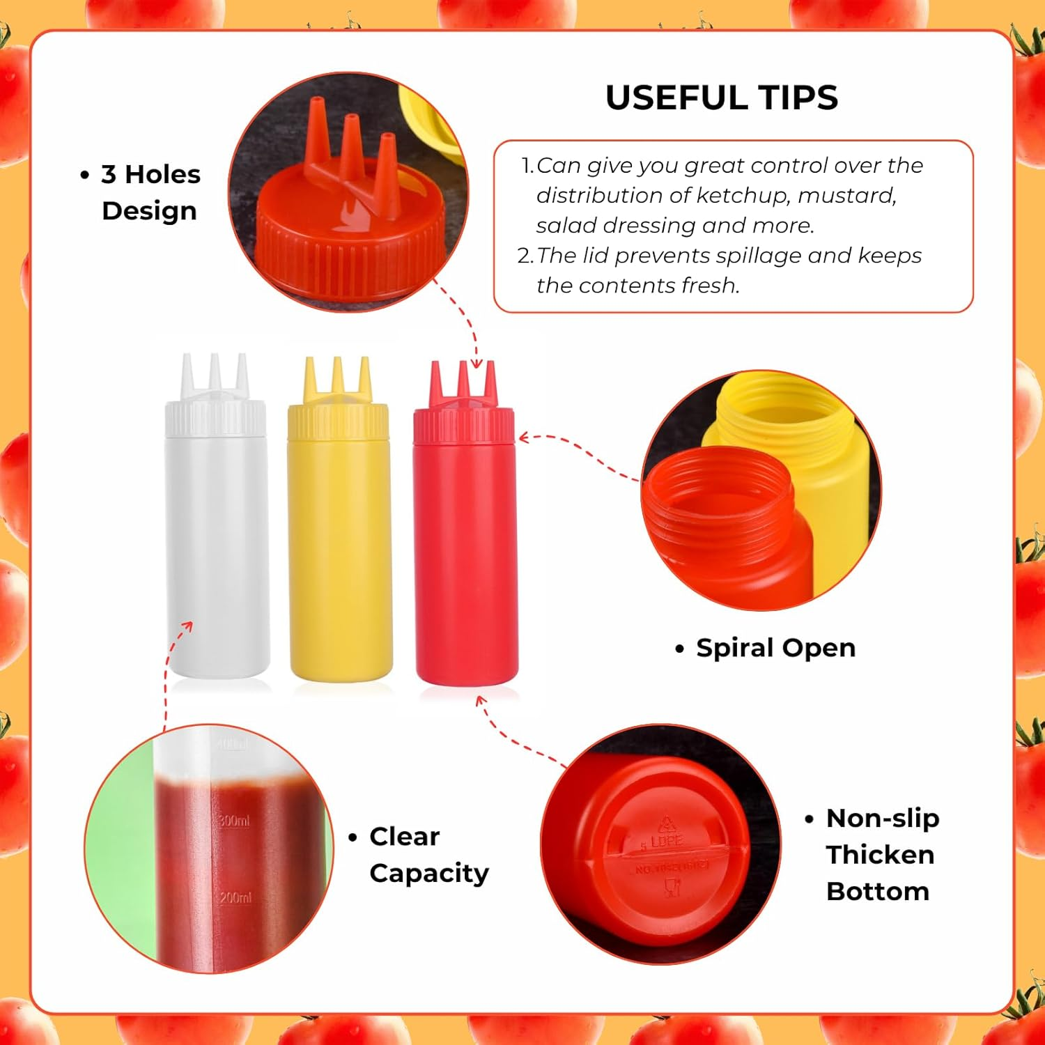 Beyonday 3Pcs Seasoning Bottles - 3 Hole Squeeze for Ketchup, Mustard, Dressing, Salad or Sauce (16Oz, White) image number 2