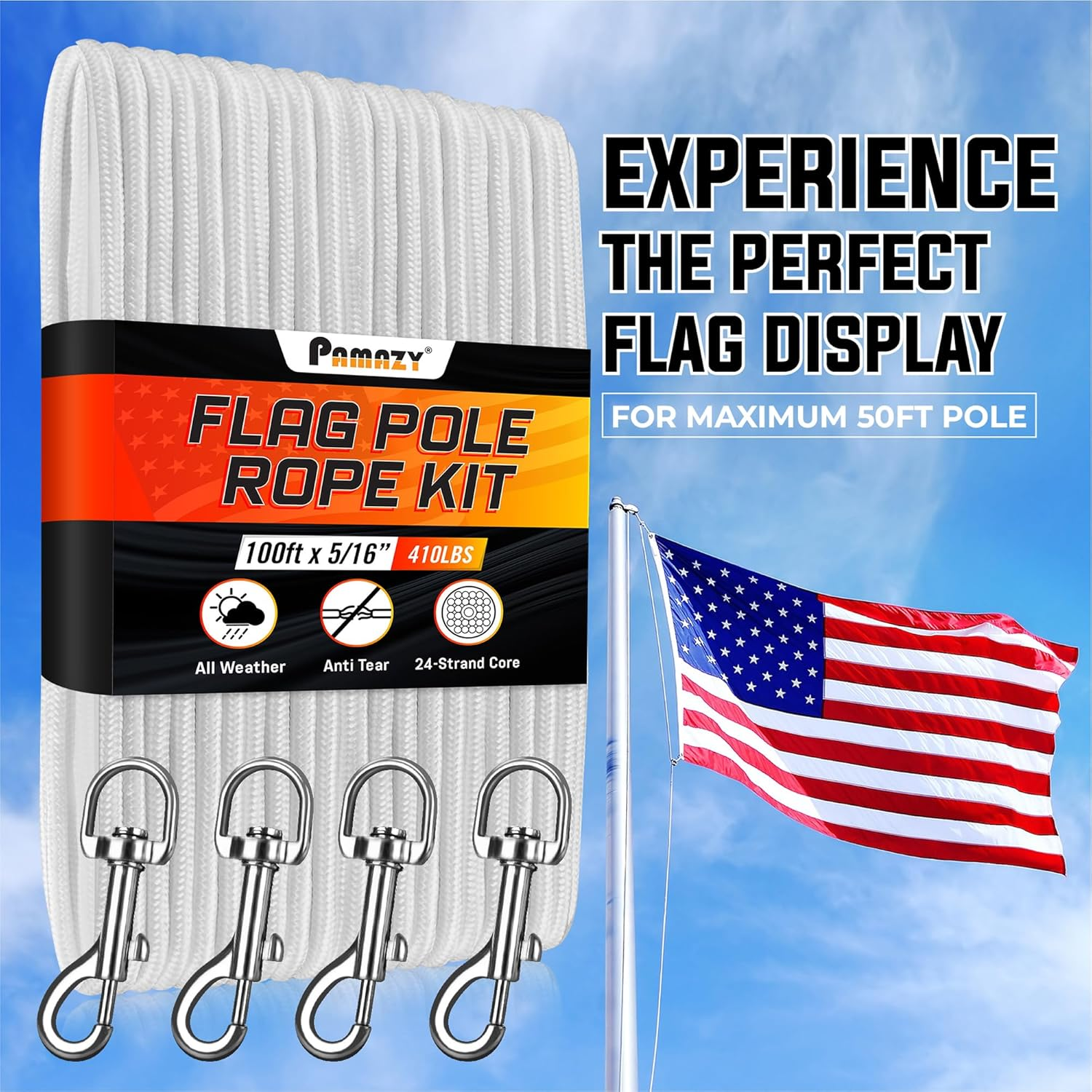 [Upgraded] 5/16&rdquo; 100Ft Flagpole Rope Kit with 4 Pcs 3.3&rdquo; Swivel Snap Hook - High Weight Bearing Anti-Tearing Utility Rope with Durable Zinc Alloy Swivel Hooks - Flag Pole Accessories Replacement Kit image number 4